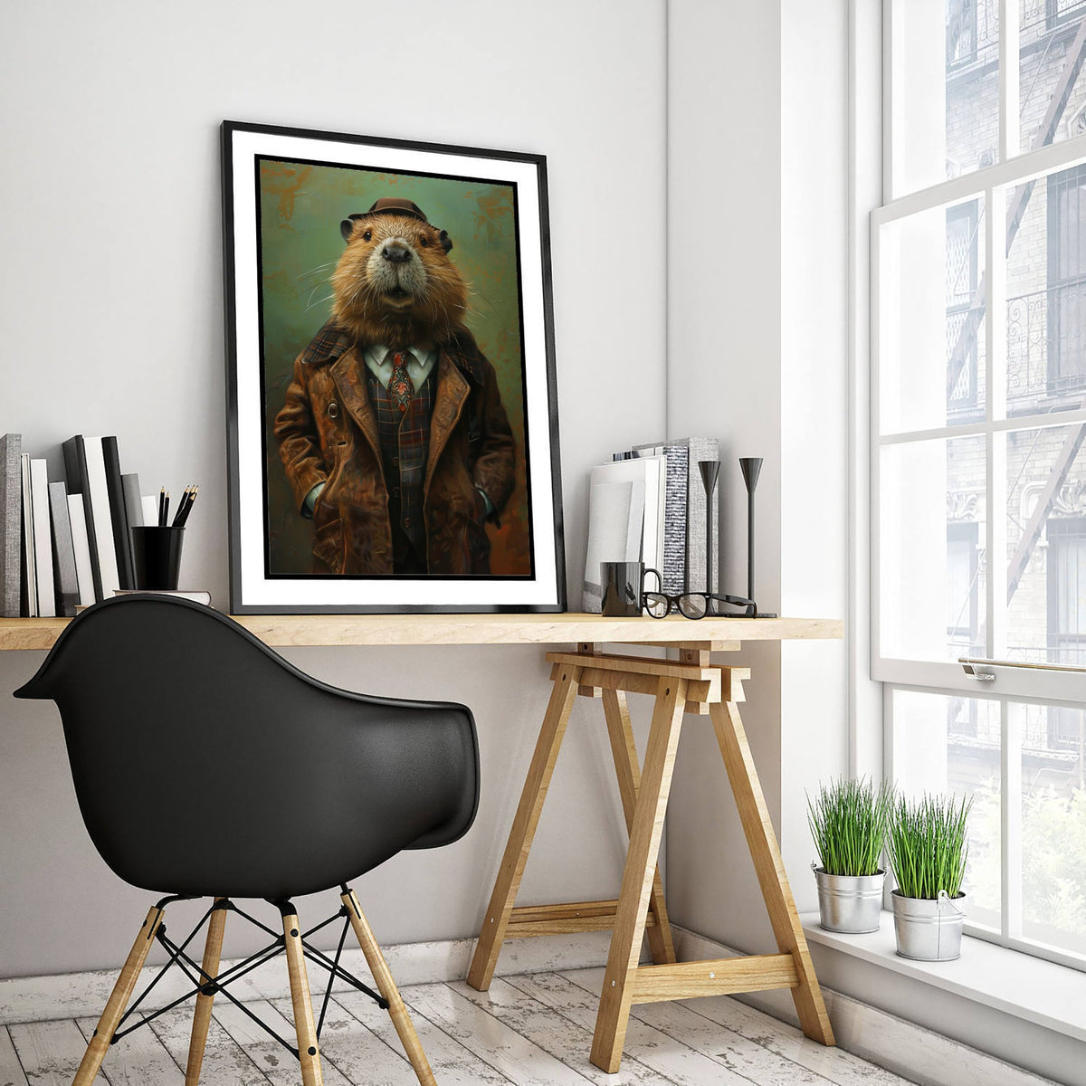 Beaver in a Suit Art Print - Whimsical Animal Portrait Poster - Quirky Beaver Painting - Dapper Gent 1/3
