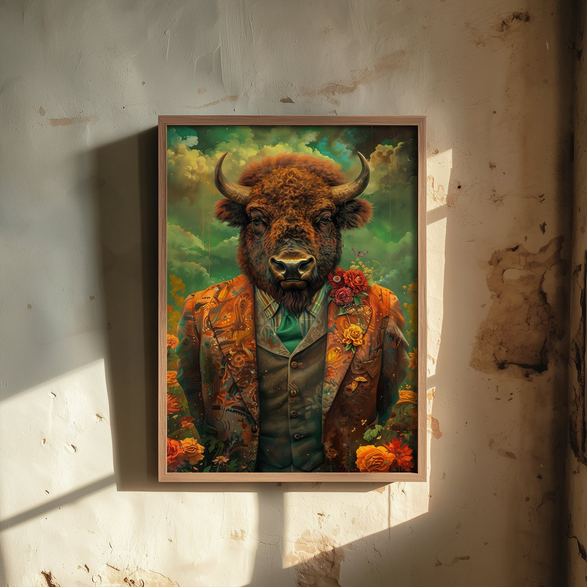 Bison in a Suit Art Print - Whimsical Animal Portrait Poster - Quirky Bison Painting - Floral Dandy 2/3