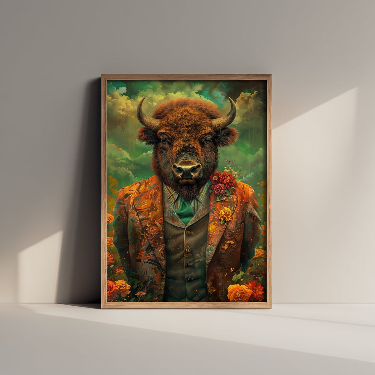 Bison in a Suit Art Print - Whimsical Animal Portrait Poster - Quirky Bison Painting - Floral Dandy 2/3