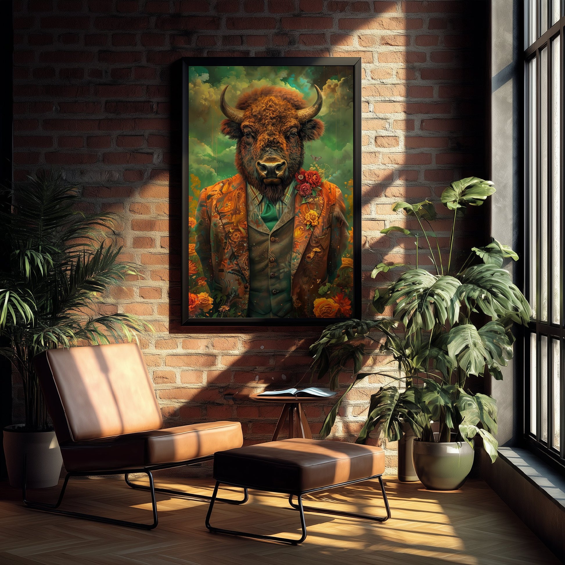 Bison in a Suit Art Print - Whimsical Animal Portrait Poster - Quirky Bison Painting - Floral Dandy 2/3
