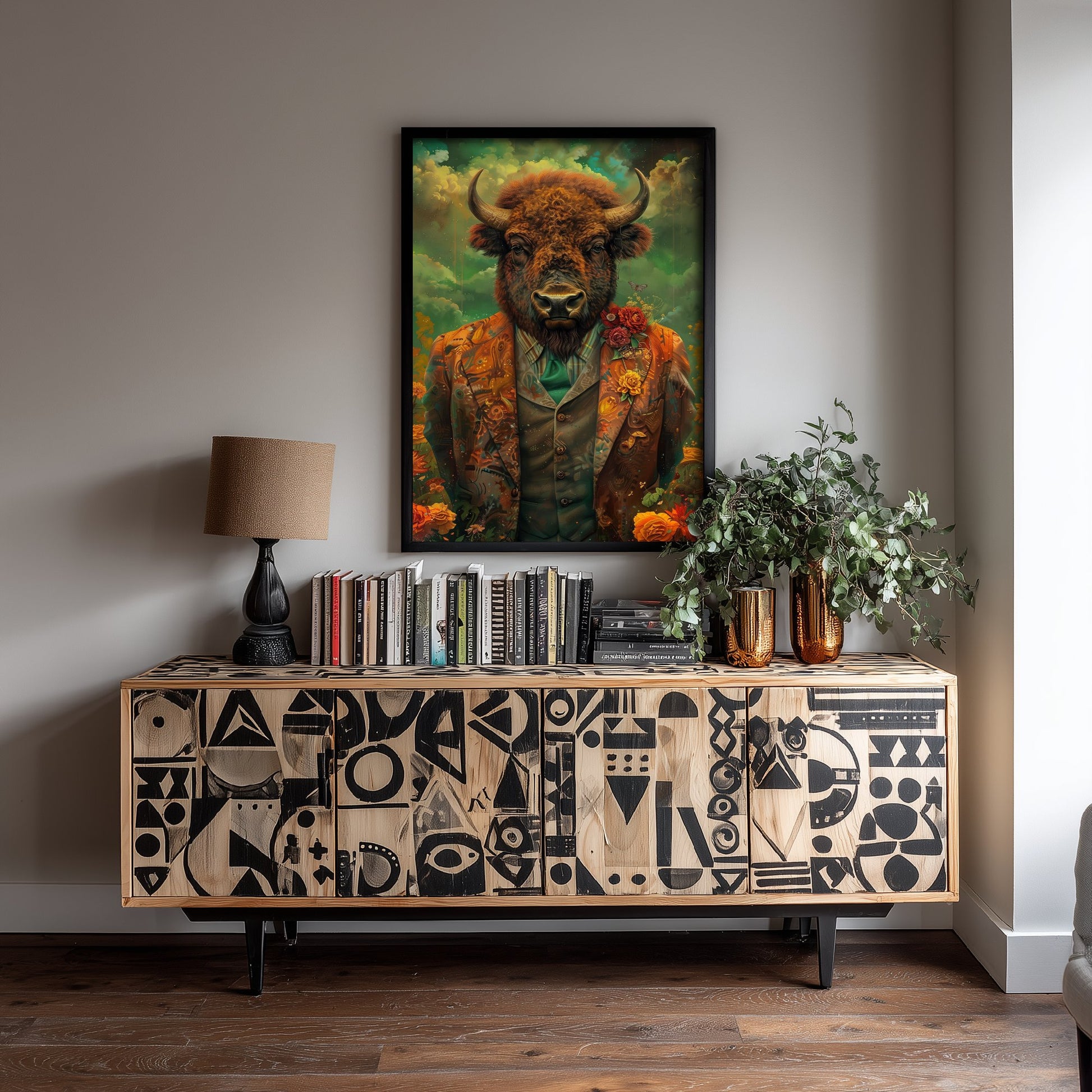 Bison in a Suit Art Print - Whimsical Animal Portrait Poster - Quirky Bison Painting - Floral Dandy 2/3