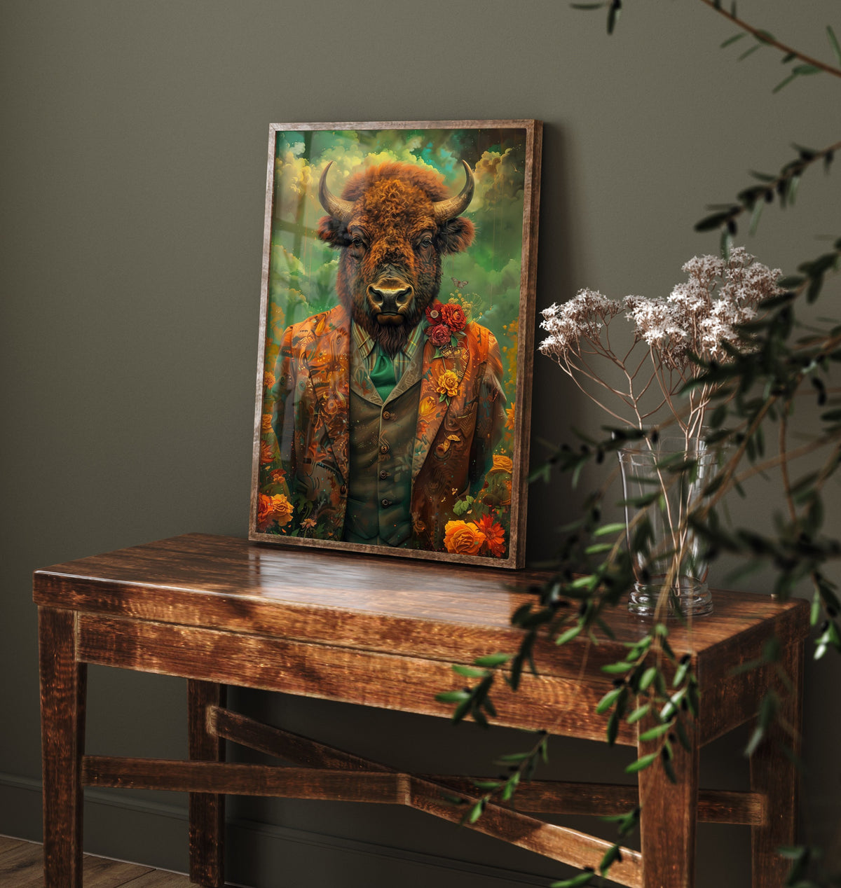 Bison in a Suit Art Print - Whimsical Animal Portrait Poster - Quirky Bison Painting - Floral Dandy 2/3