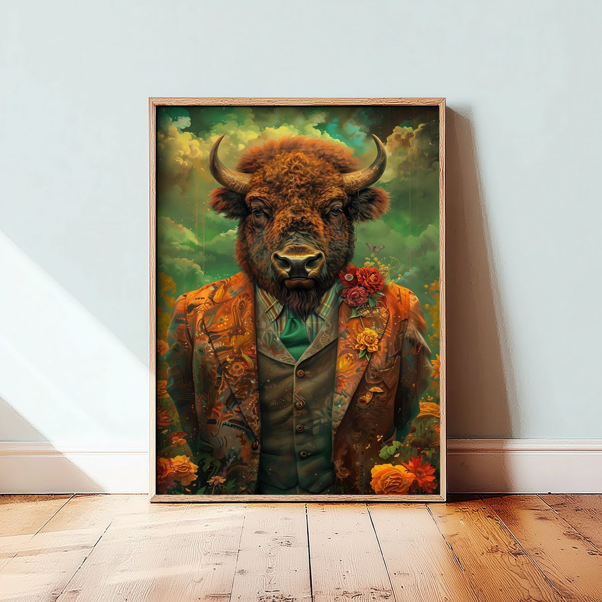 Bison in a Suit Art Print - Whimsical Animal Portrait Poster - Quirky Bison Painting - Floral Dandy 2/3