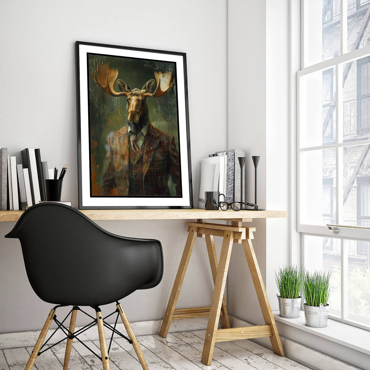 Moose in a Suit Art Print - Whimsical Animal Portrait Poster - Quirky Moose Painting - Dapper Gent 3/3
