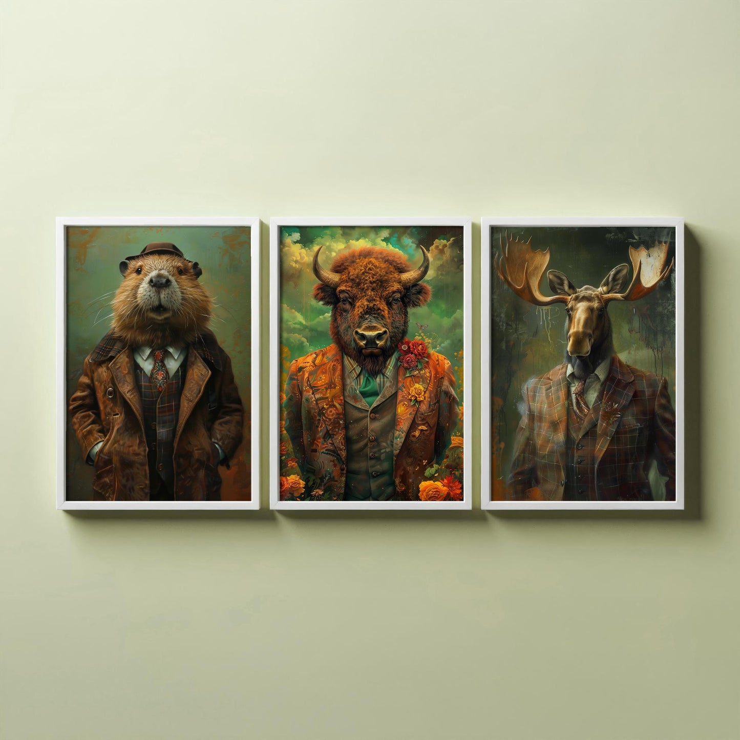 Animals in Suits Set of Three Art Prints - Beaver, Bison, Moose Portrait Posters - North American Wildlife Painting Decor