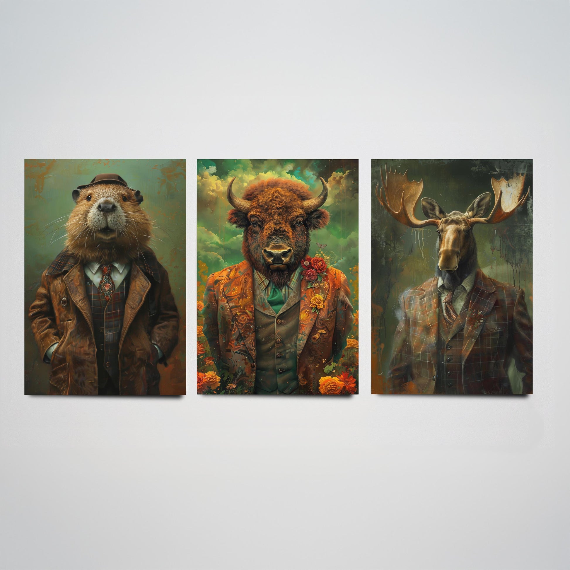 Animals in Suits Set of Three Art Prints - Beaver, Bison, Moose Portrait Posters - North American Wildlife Painting Decor