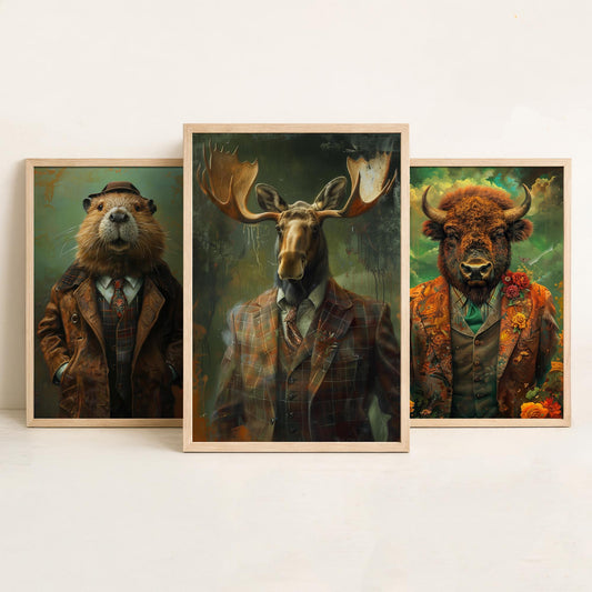 Animals in Suits Set of Three Art Prints - Beaver, Bison, Moose Portrait Posters - North American Wildlife Painting Decor