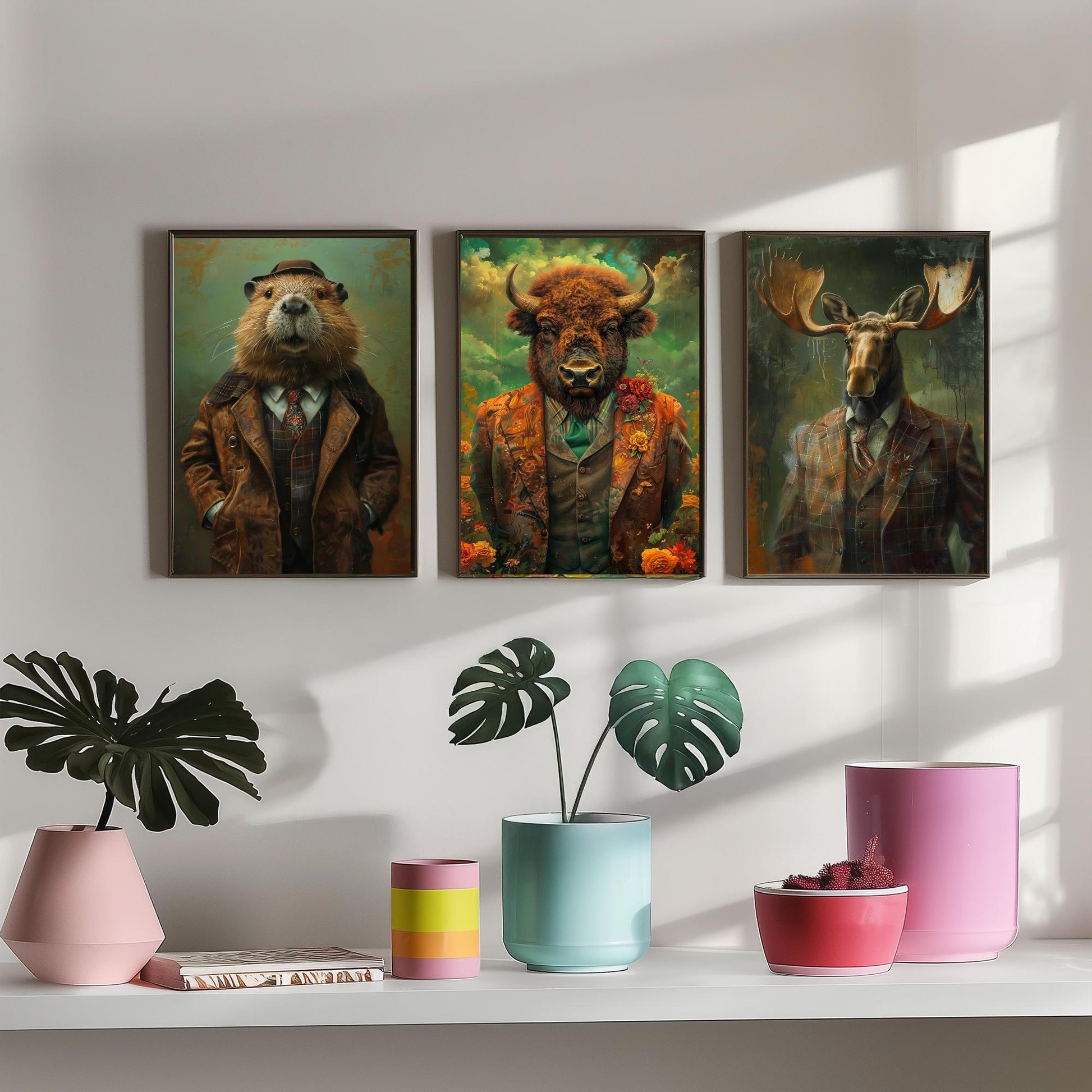Animals in Suits Set of Three Art Prints - Beaver, Bison, Moose Portrait Posters - North American Wildlife Painting Decor