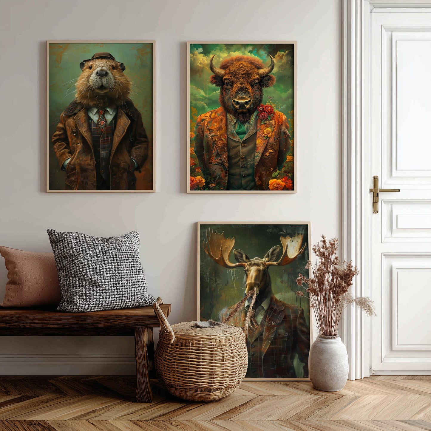 Animals in Suits Set of Three Art Prints - Beaver, Bison, Moose Portrait Posters - North American Wildlife Painting Decor