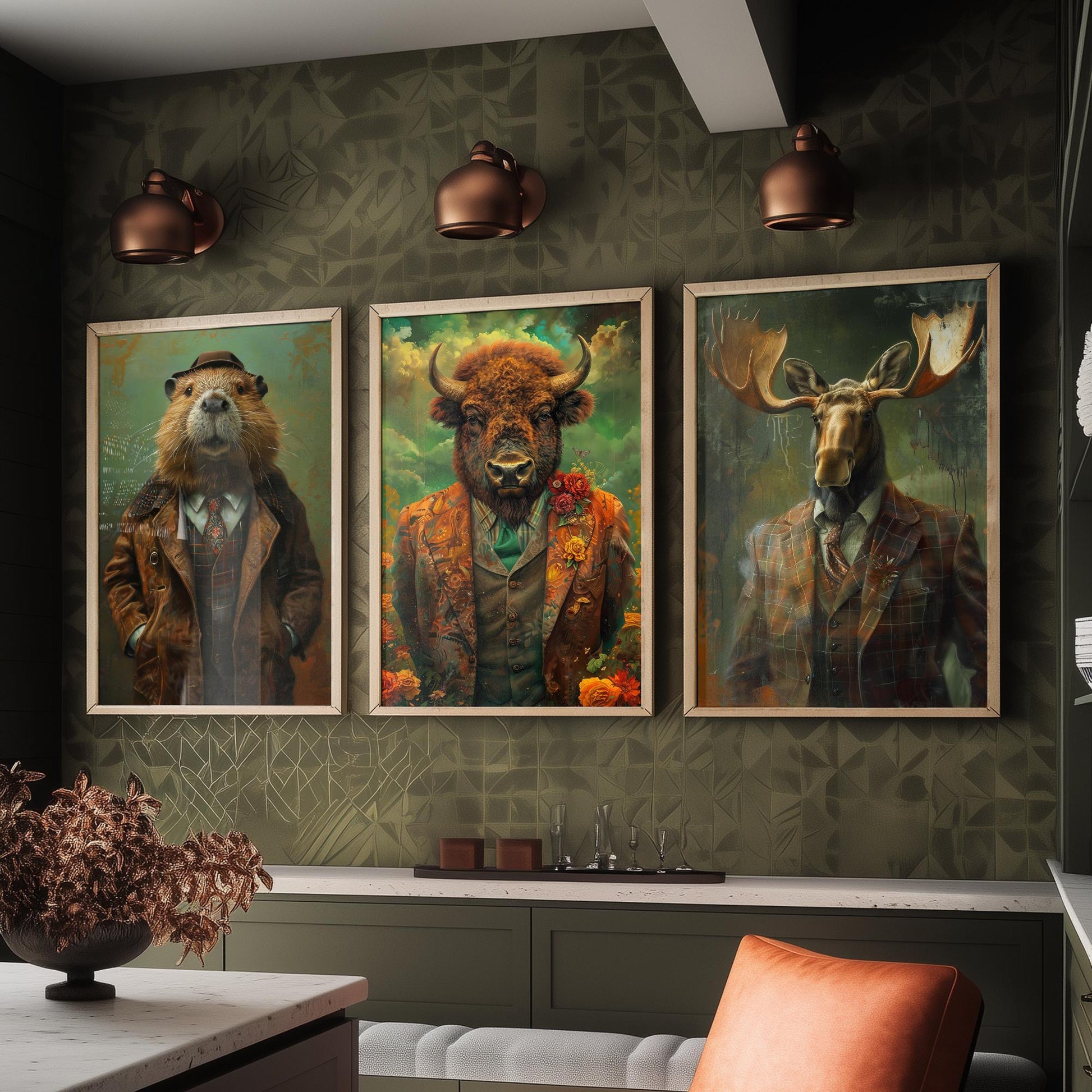 Animals in Suits Set of Three Art Prints - Beaver, Bison, Moose Portrait Posters - North American Wildlife Painting Decor