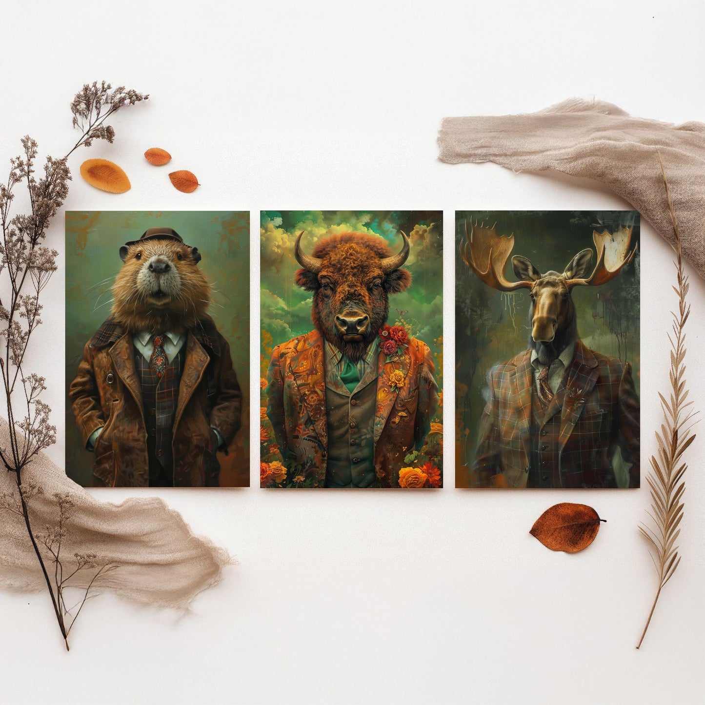 Animals in Suits Set of Three Art Prints - Beaver, Bison, Moose Portrait Posters - North American Wildlife Painting Decor