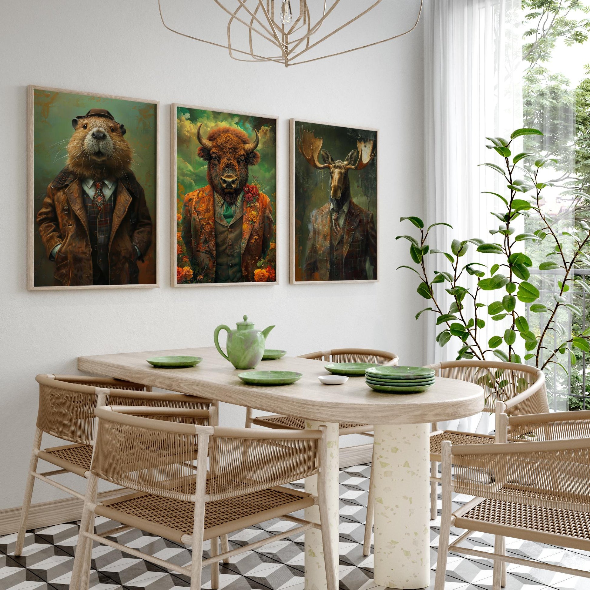 Animals in Suits Set of Three Art Prints - Beaver, Bison, Moose Portrait Posters - North American Wildlife Painting Decor