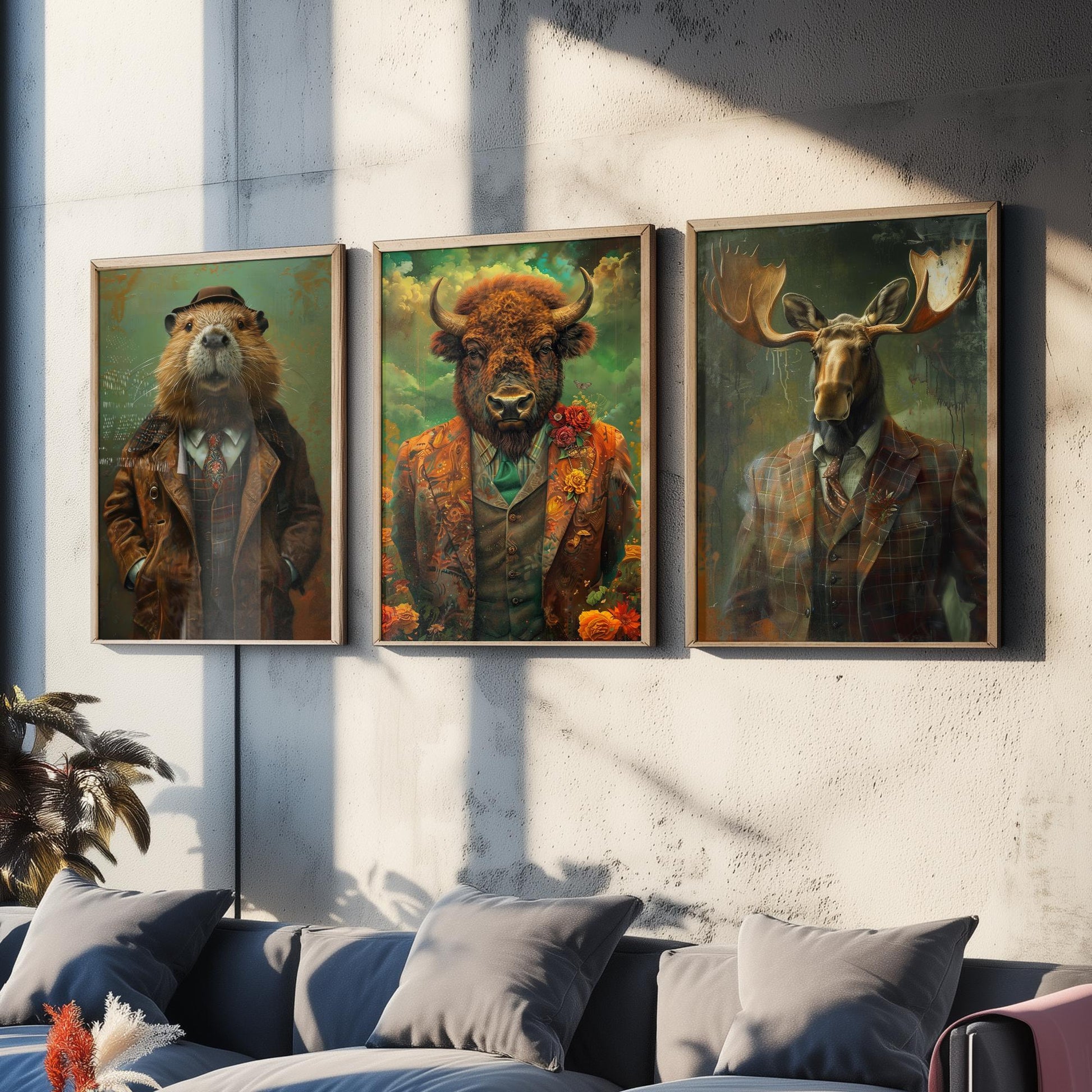 Animals in Suits Set of Three Art Prints - Beaver, Bison, Moose Portrait Posters - North American Wildlife Painting Decor