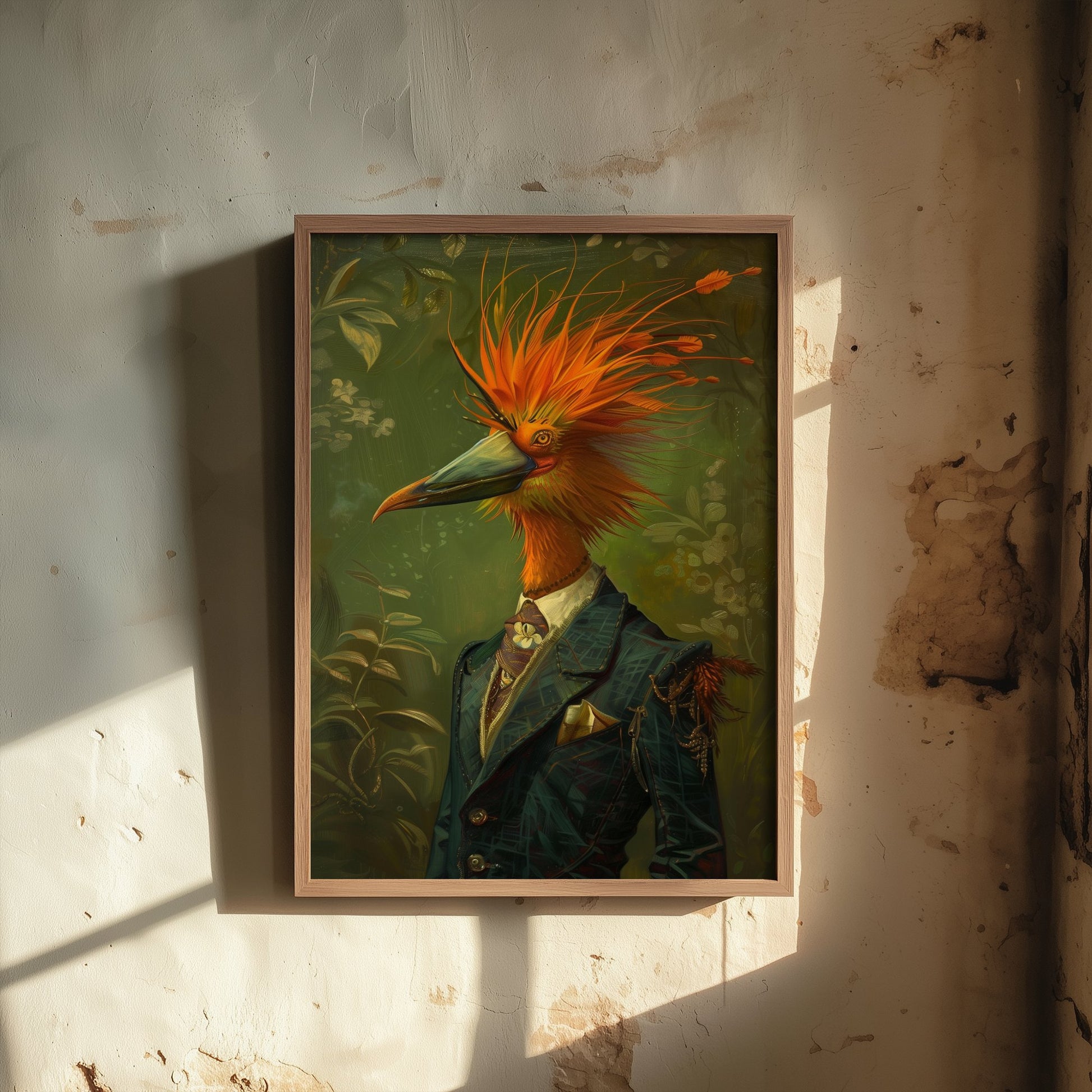 Bird of Paradise in a Suit Art Print - Whimsical Animal Portrait Poster - Quirky Animal Painting - Exotic Bird Art 1/3