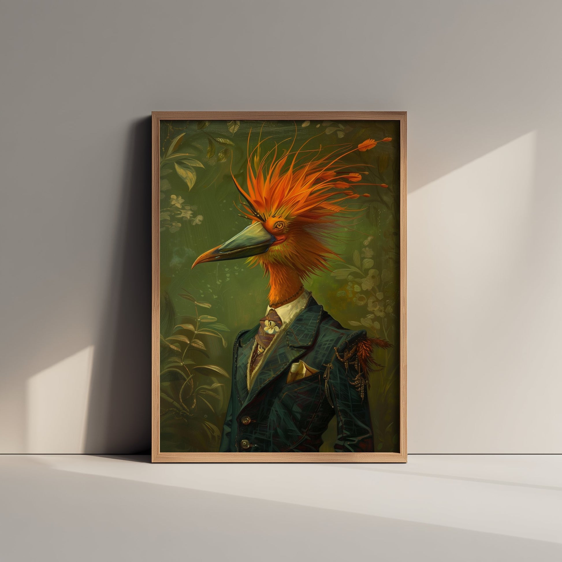 Bird of Paradise in a Suit Art Print - Whimsical Animal Portrait Poster - Quirky Animal Painting - Exotic Bird Art 1/3