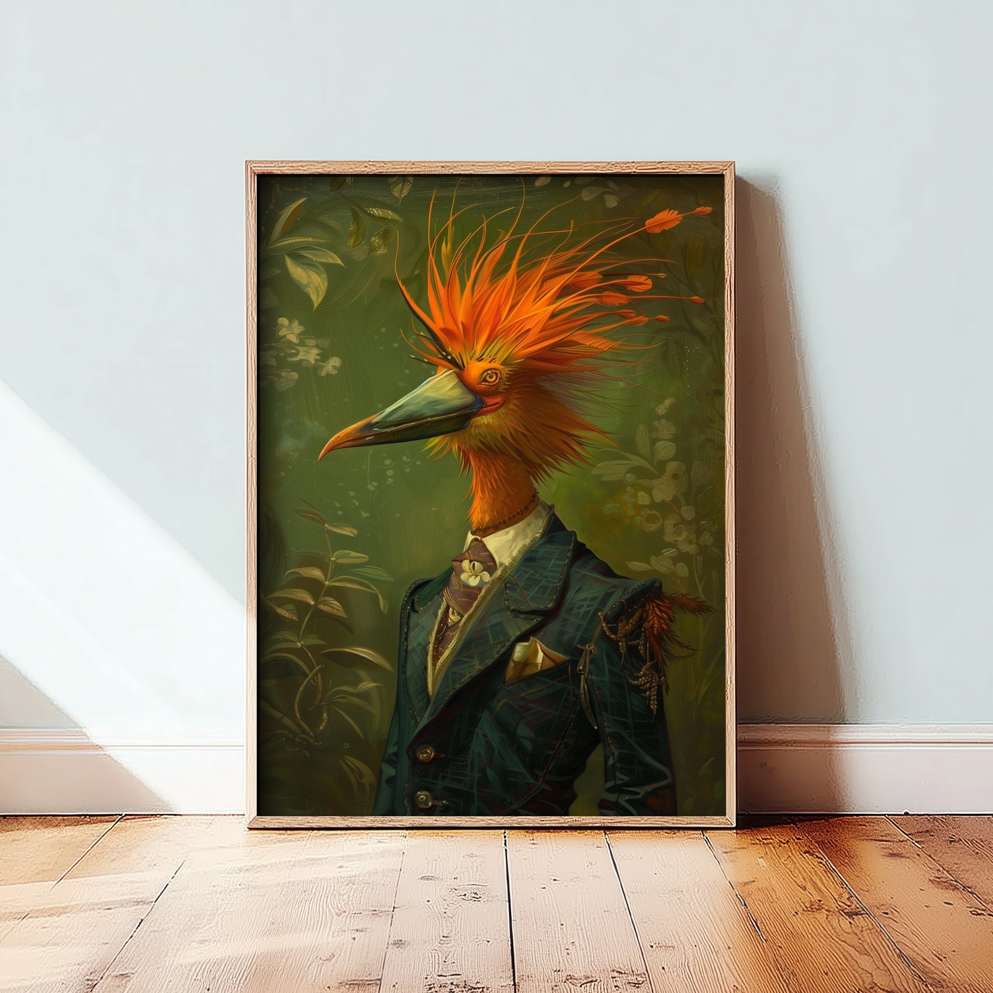 Bird of Paradise in a Suit Art Print - Whimsical Animal Portrait Poster - Quirky Animal Painting - Exotic Bird Art 1/3