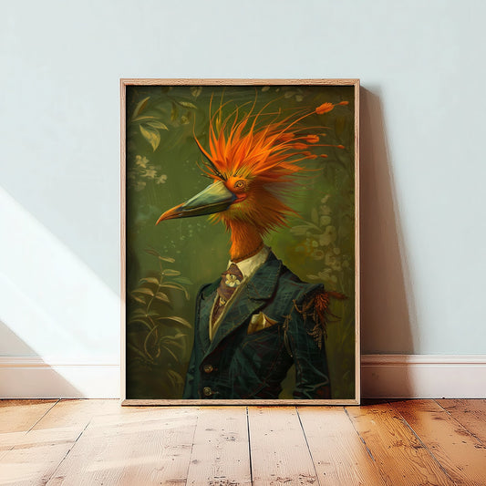 Bird of Paradise in a Suit Art Print - Whimsical Animal Portrait Poster - Quirky Animal Painting - Exotic Bird Art 1/3