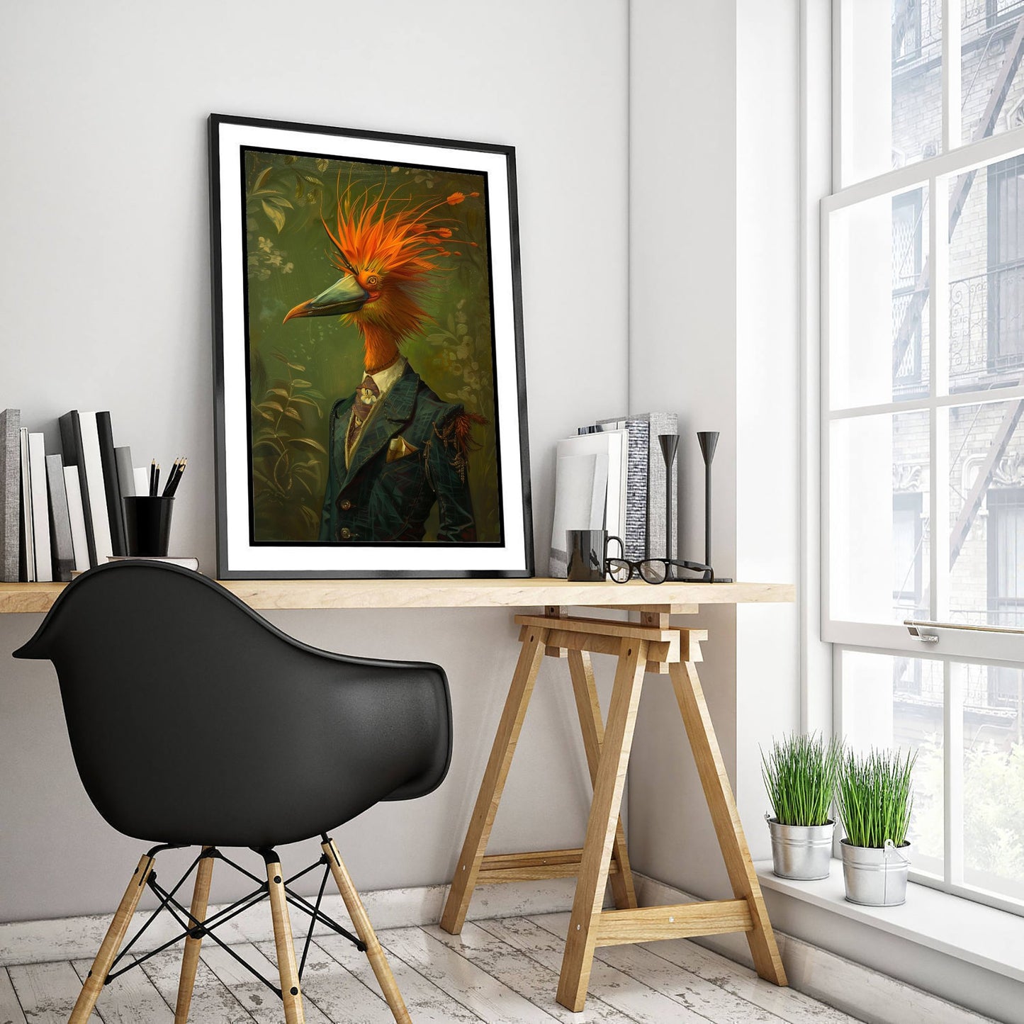 Bird of Paradise in a Suit Art Print - Whimsical Animal Portrait Poster - Quirky Animal Painting - Exotic Bird Art 1/3