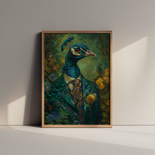 Peacock in a Suit Art Print - Whimsical Animal Portrait Poster - Quirky Animal Painting - Dapper Bird Wall Art 2/3