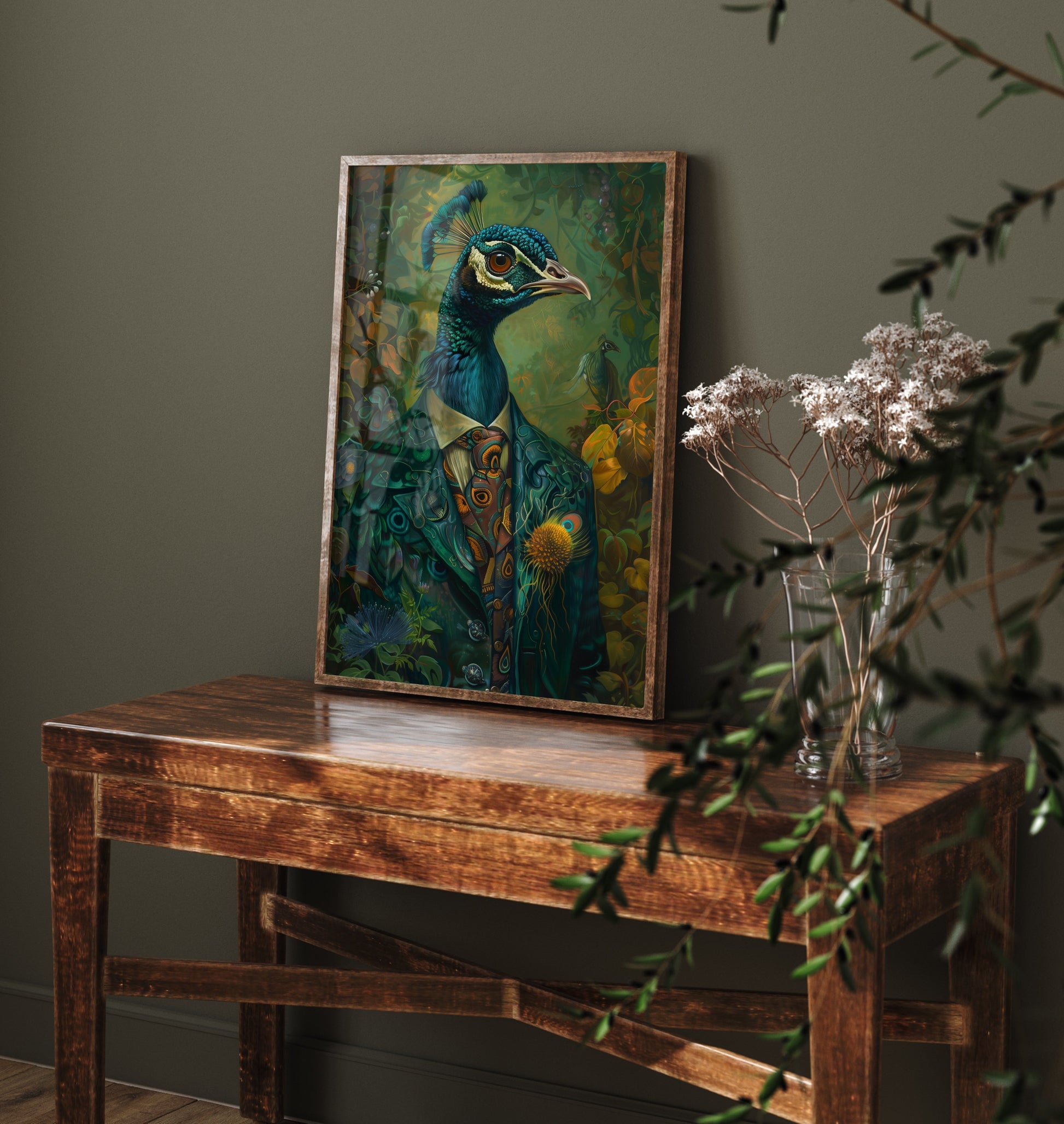 Peacock in a Suit Art Print - Whimsical Animal Portrait Poster - Quirky Animal Painting - Dapper Bird Wall Art 2/3