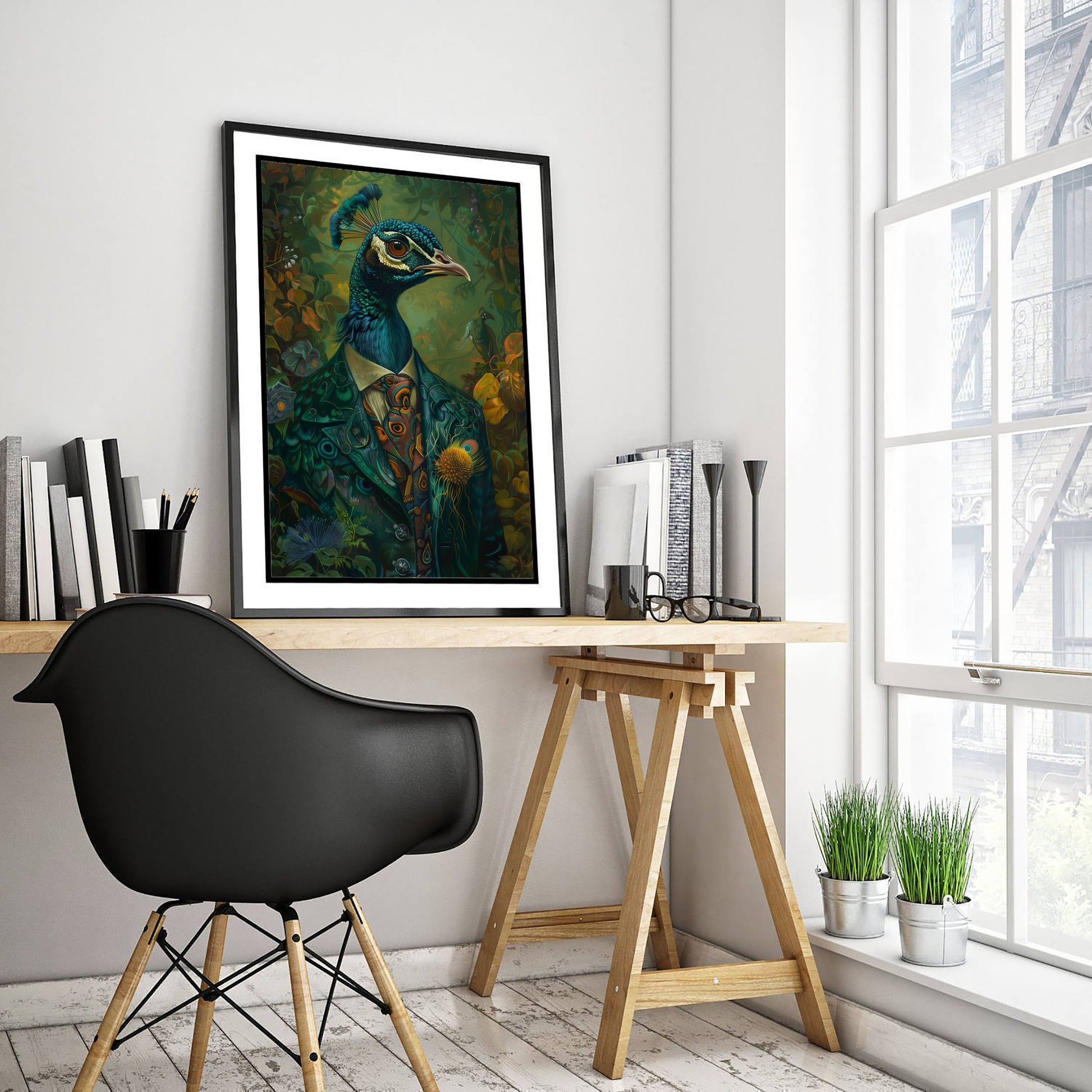 Peacock in a Suit Art Print - Whimsical Animal Portrait Poster - Quirky Animal Painting - Dapper Bird Wall Art 2/3