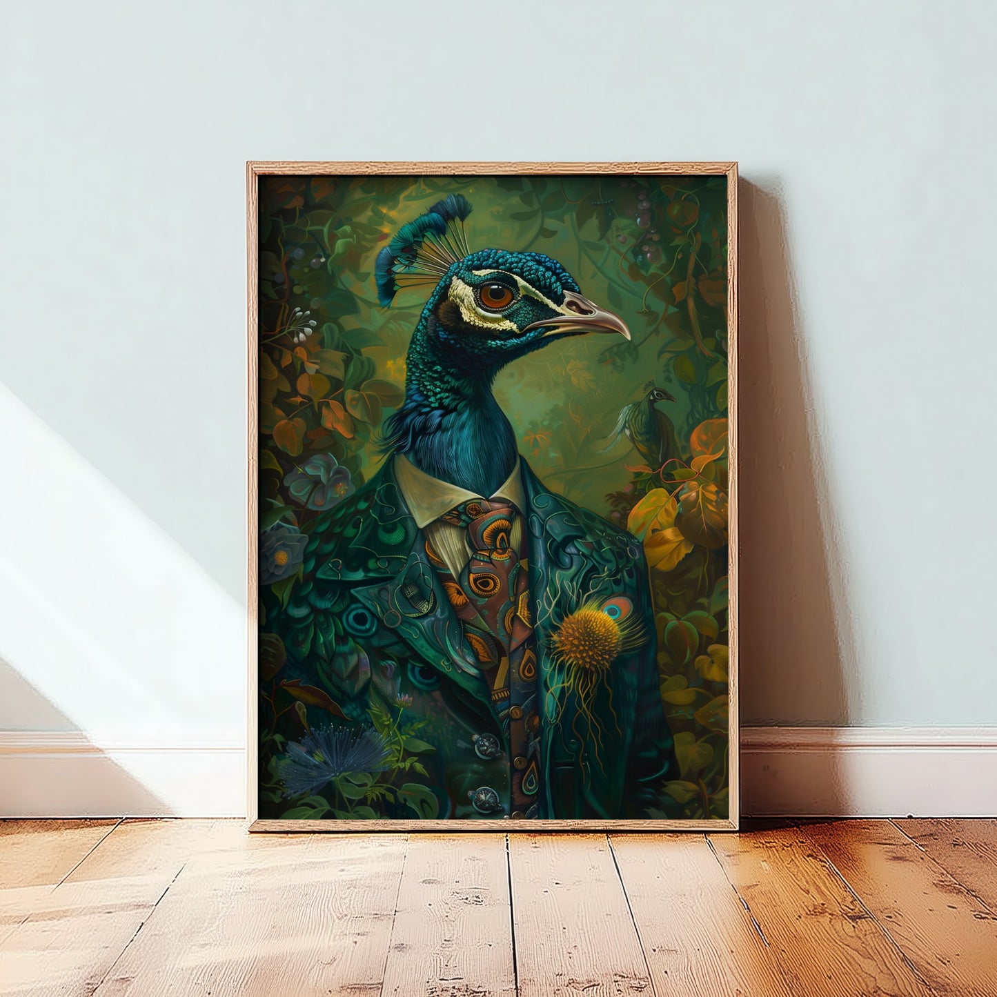 Peacock in a Suit Art Print - Whimsical Animal Portrait Poster - Quirky Animal Painting - Dapper Bird Wall Art 2/3