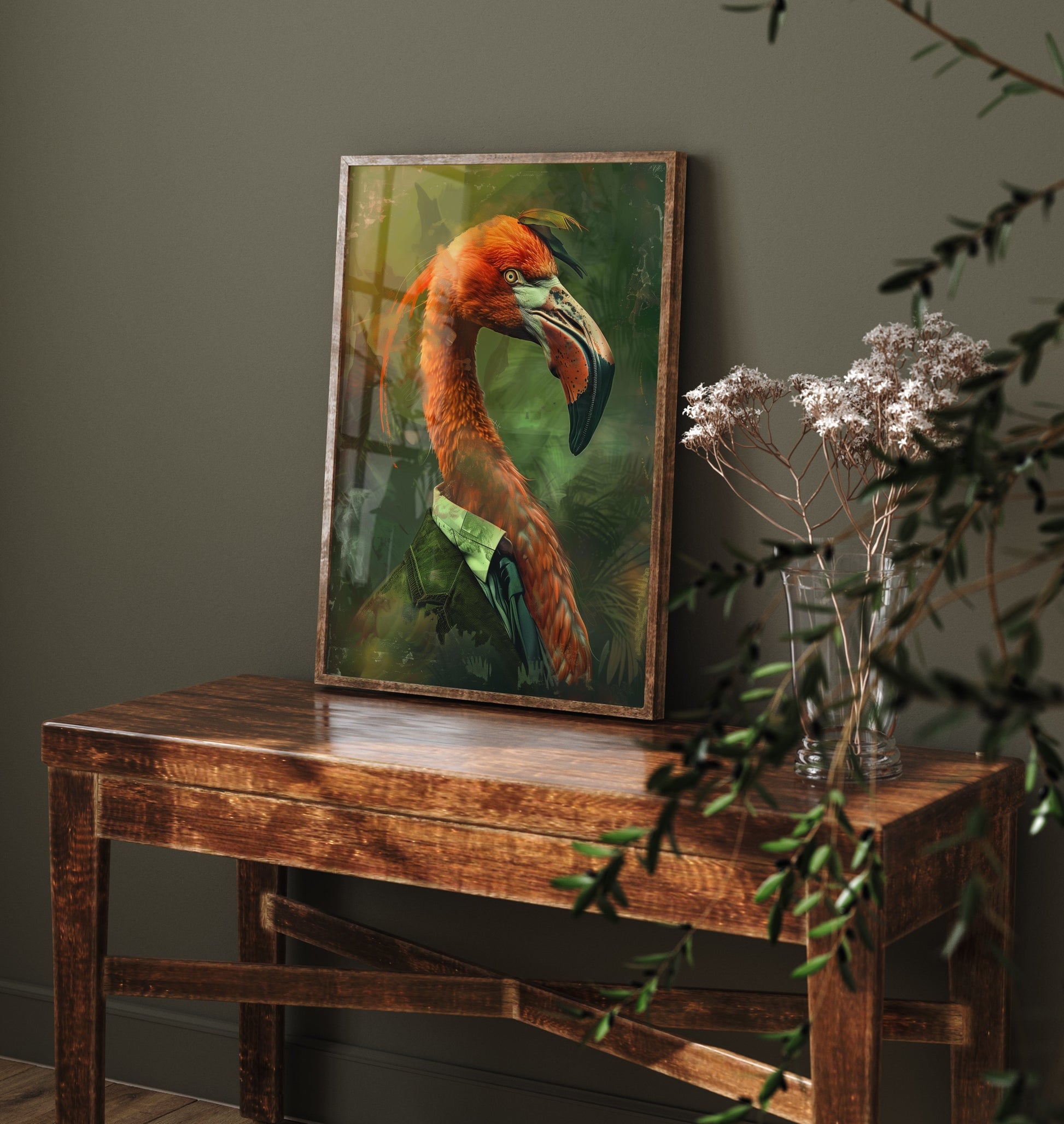Flamingo in a Suit Art Print - Whimsical Animal Portrait Poster - Quirky Animal Painting - Pink Bird Wall Art 3/3