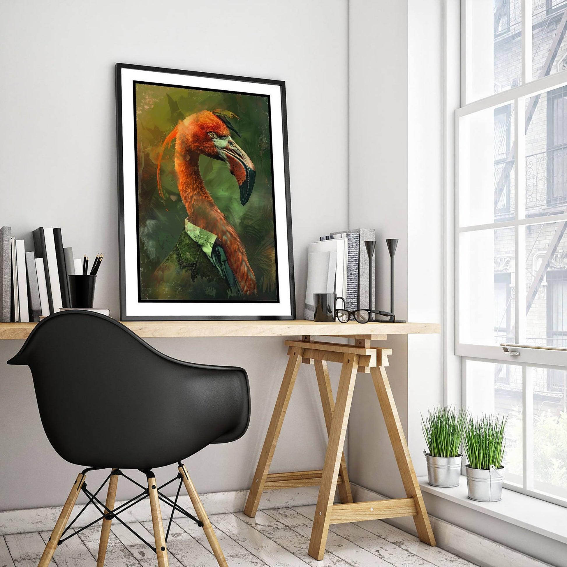 Flamingo in a Suit Art Print - Whimsical Animal Portrait Poster - Quirky Animal Painting - Pink Bird Wall Art 3/3