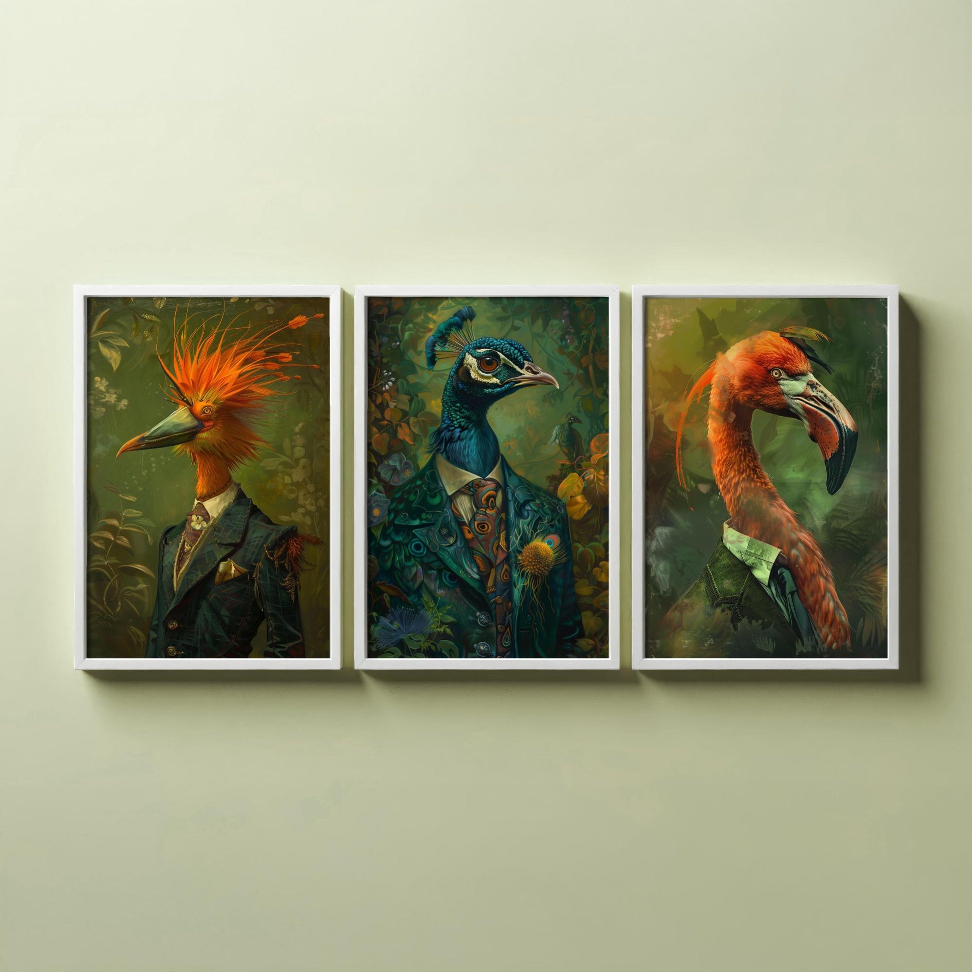 Animals in Suits Set of Three Art Prints - Bird of Paradise, Peacock, Flamingo Posters - Exotic Bird Portrait Painting