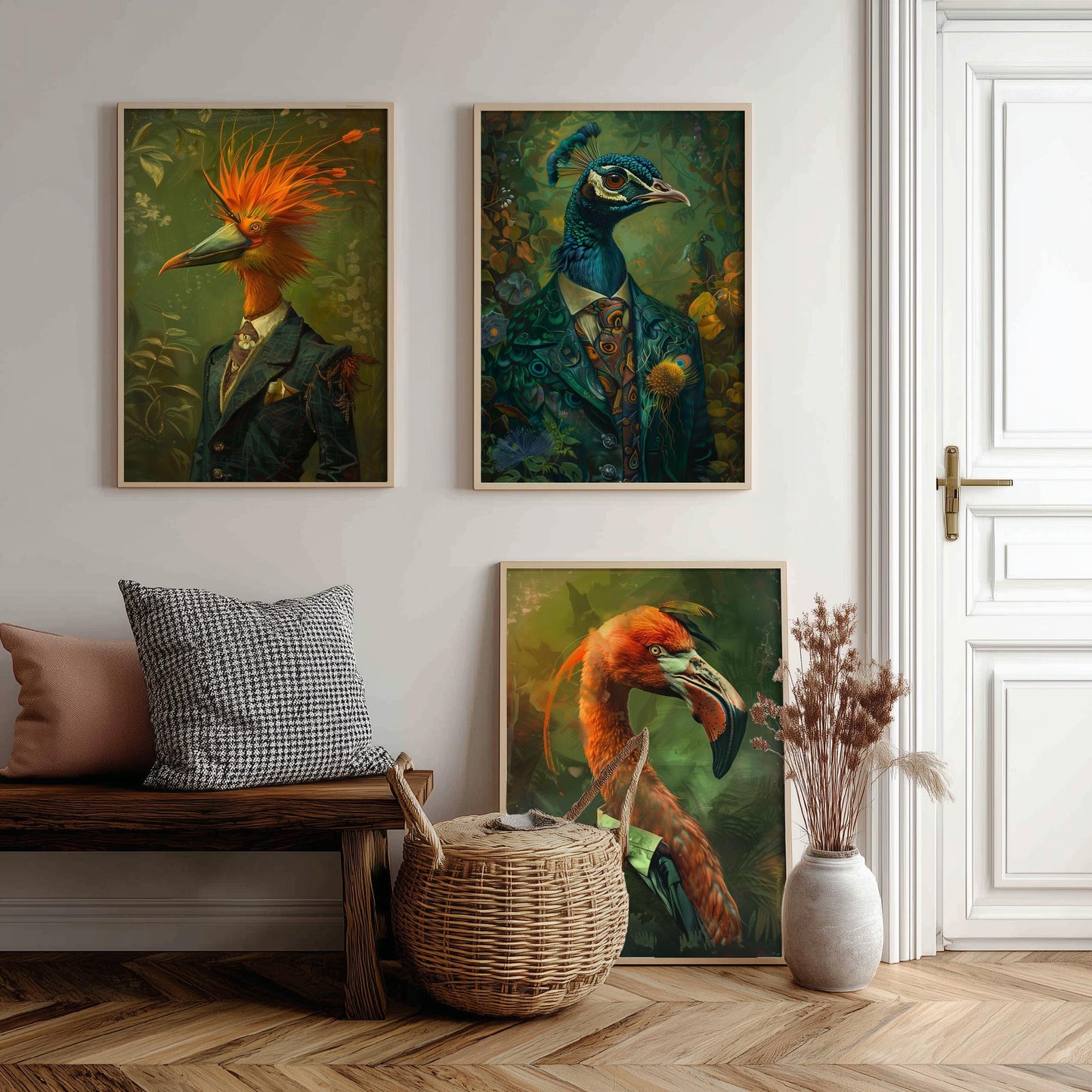 Animals in Suits Set of Three Art Prints - Bird of Paradise, Peacock, Flamingo Posters - Exotic Bird Portrait Painting
