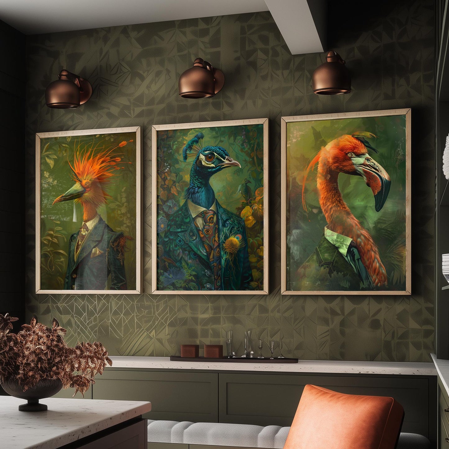 Animals in Suits Set of Three Art Prints - Bird of Paradise, Peacock, Flamingo Posters - Exotic Bird Portrait Painting