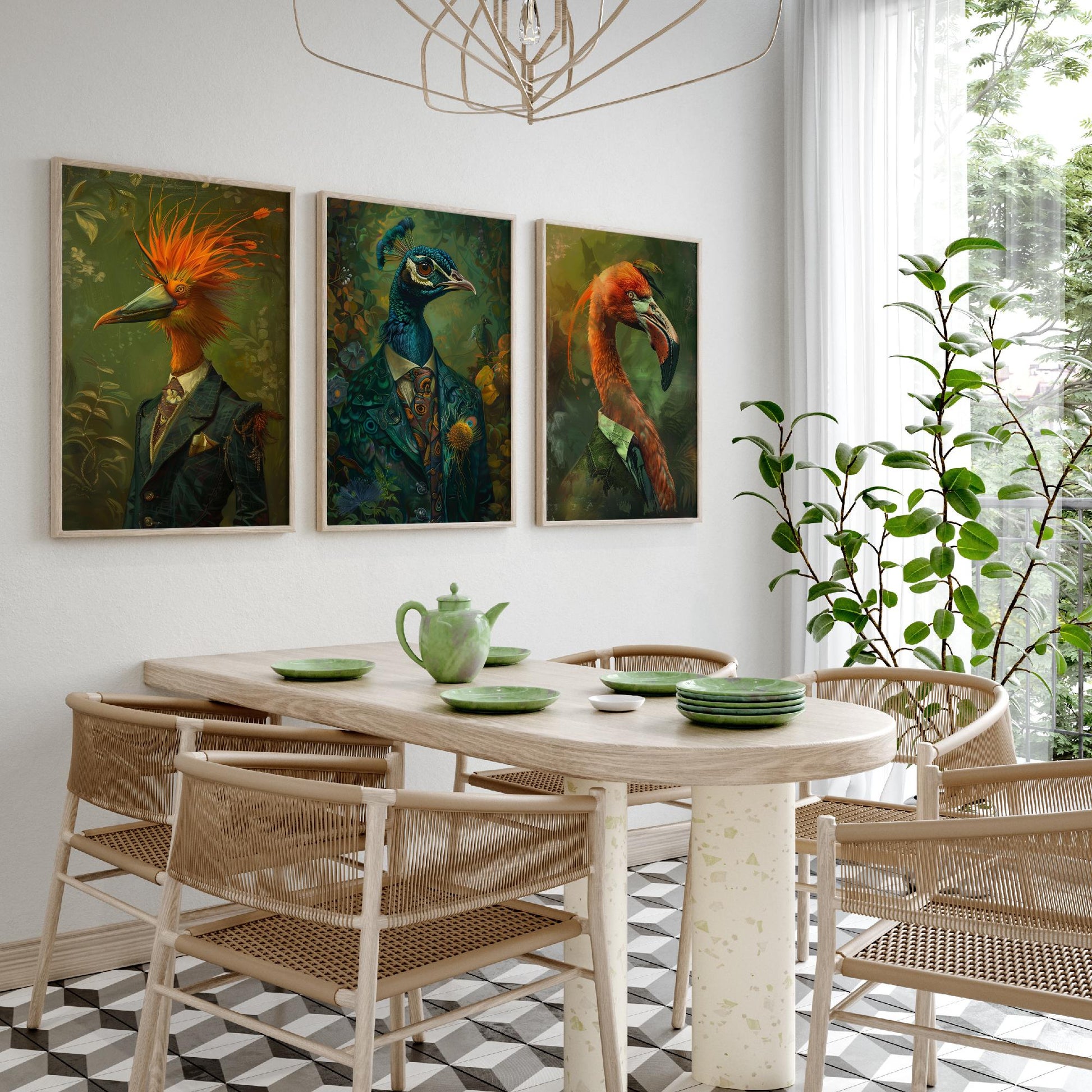 Animals in Suits Set of Three Art Prints - Bird of Paradise, Peacock, Flamingo Posters - Exotic Bird Portrait Painting