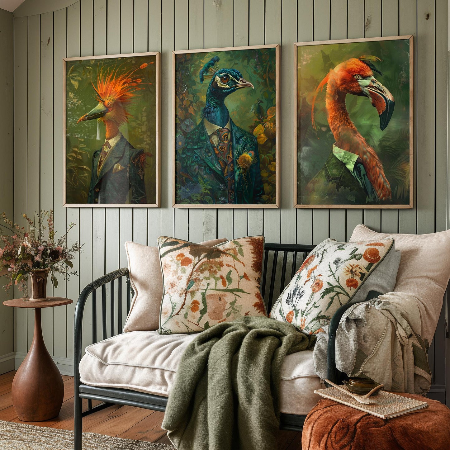 Animals in Suits Set of Three Art Prints - Bird of Paradise, Peacock, Flamingo Posters - Exotic Bird Portrait Painting