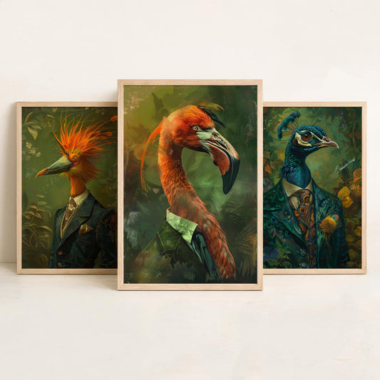 Animals in Suits Set of Three Art Prints - Bird of Paradise, Peacock, Flamingo Posters - Exotic Bird Portrait Painting