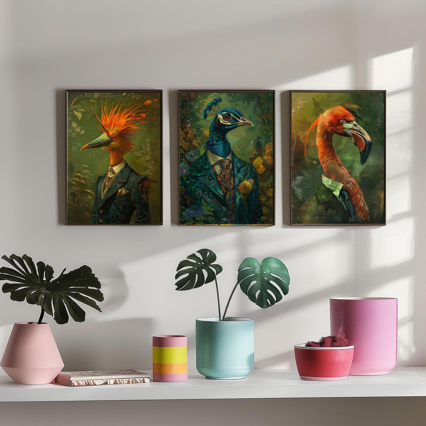 Animals in Suits Set of Three Art Prints - Bird of Paradise, Peacock, Flamingo Posters - Exotic Bird Portrait Painting