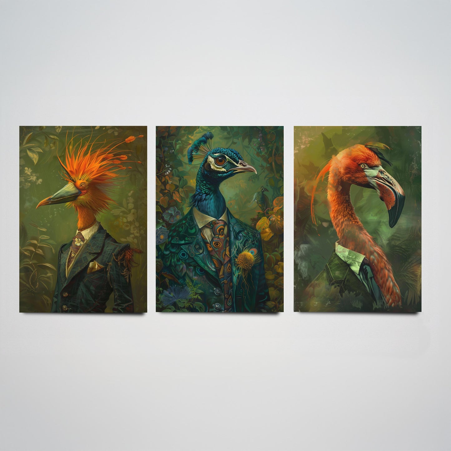 Animals in Suits Set of Three Art Prints - Bird of Paradise, Peacock, Flamingo Posters - Exotic Bird Portrait Painting