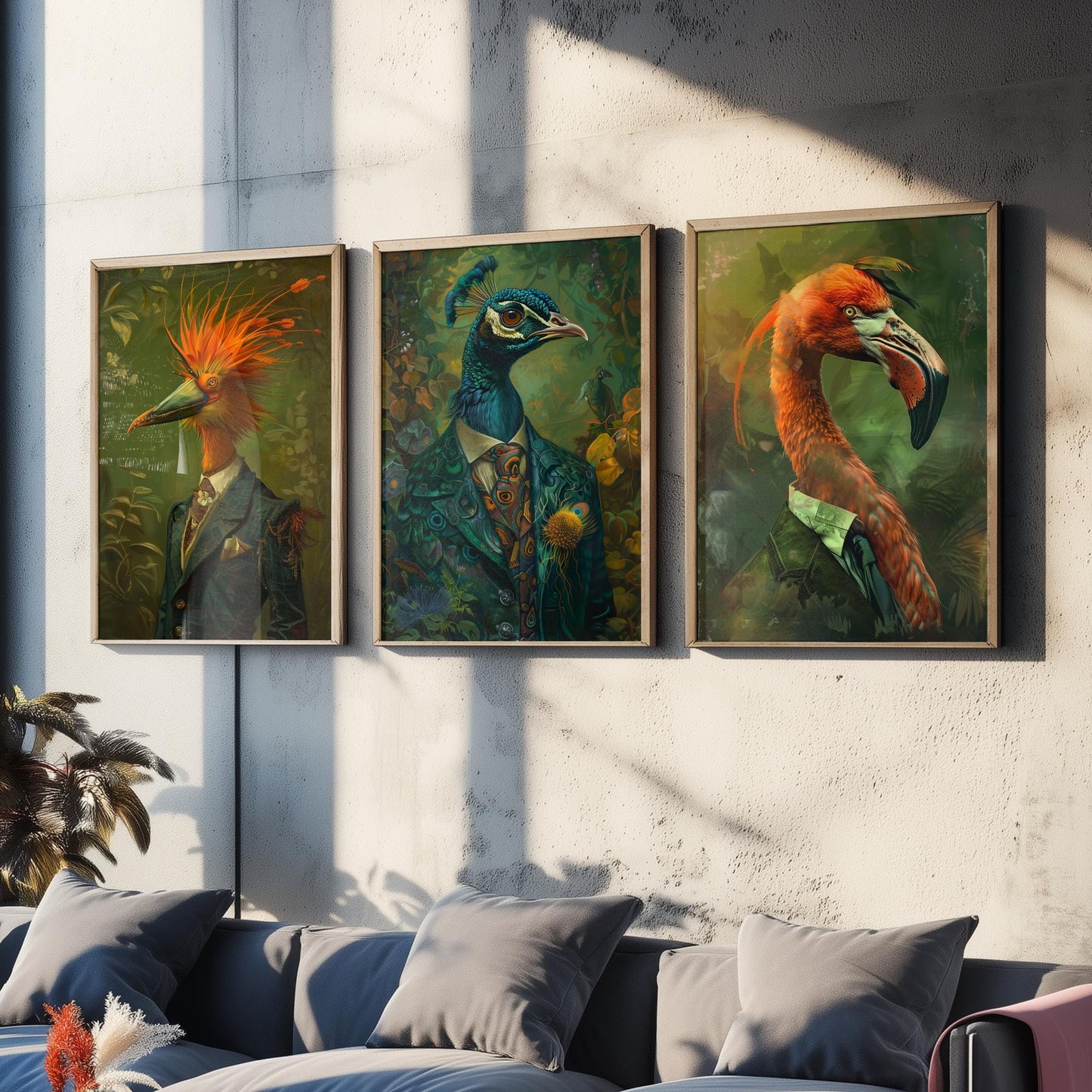 Animals in Suits Set of Three Art Prints - Bird of Paradise, Peacock, Flamingo Posters - Exotic Bird Portrait Painting
