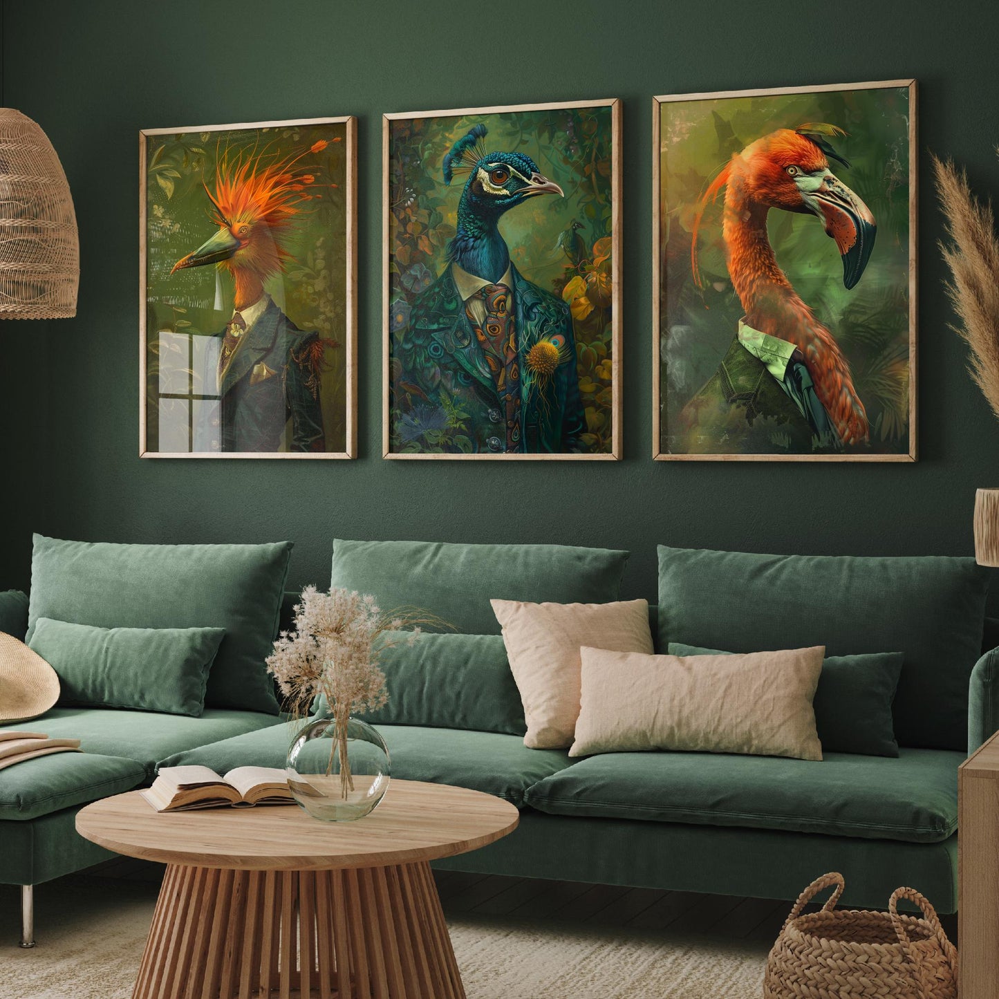 Animals in Suits Set of Three Art Prints - Bird of Paradise, Peacock, Flamingo Posters - Exotic Bird Portrait Painting