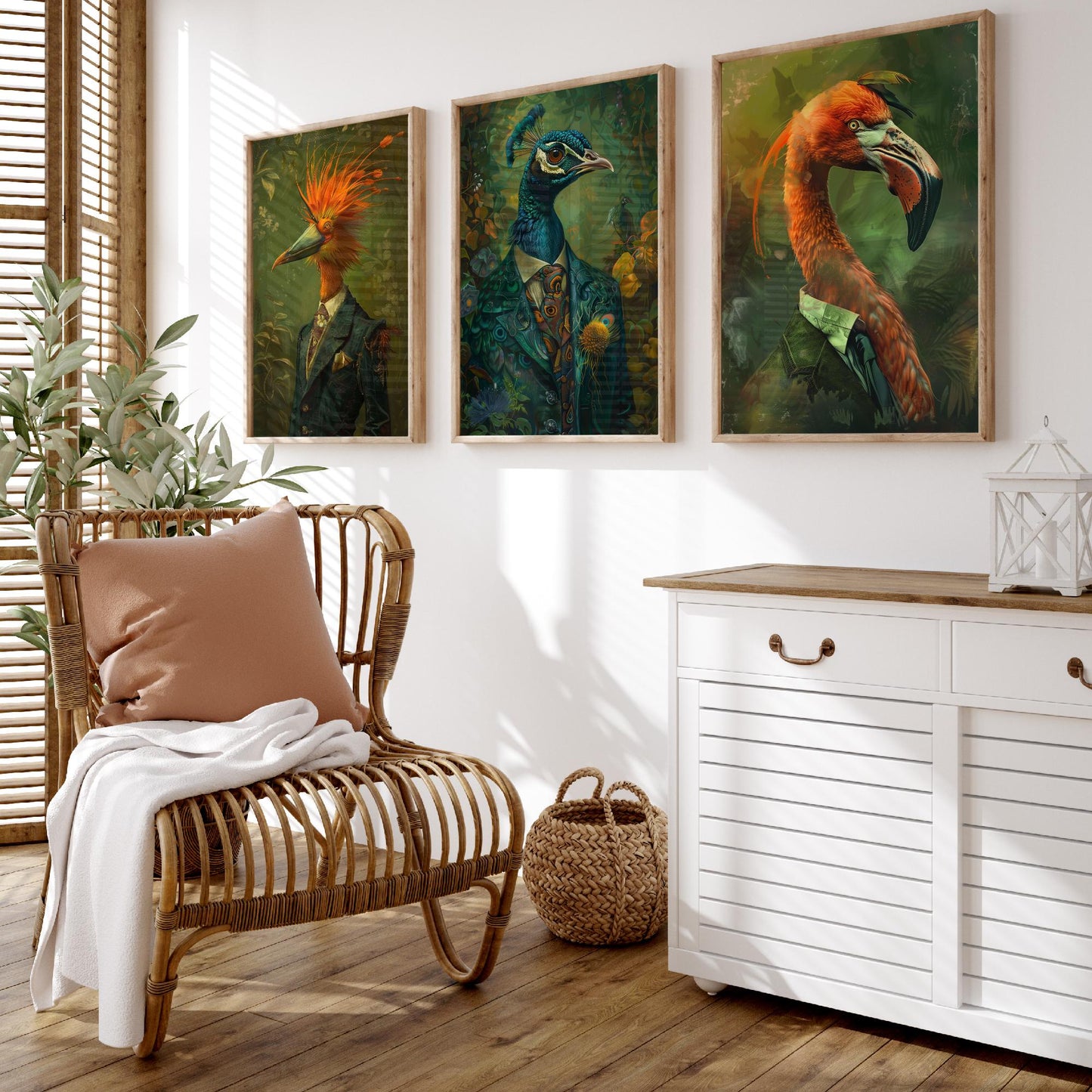 Animals in Suits Set of Three Art Prints - Bird of Paradise, Peacock, Flamingo Posters - Exotic Bird Portrait Painting