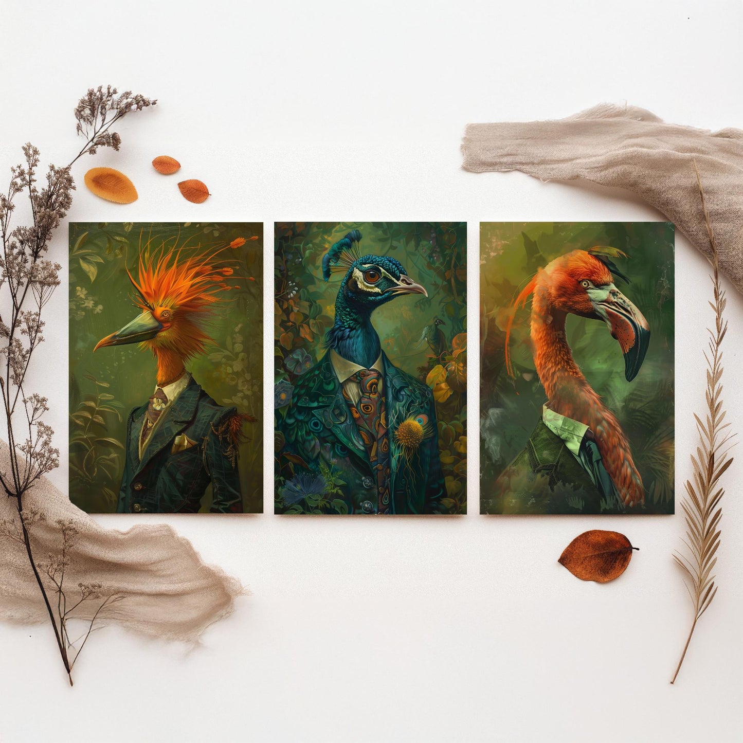 Animals in Suits Set of Three Art Prints - Bird of Paradise, Peacock, Flamingo Posters - Exotic Bird Portrait Painting