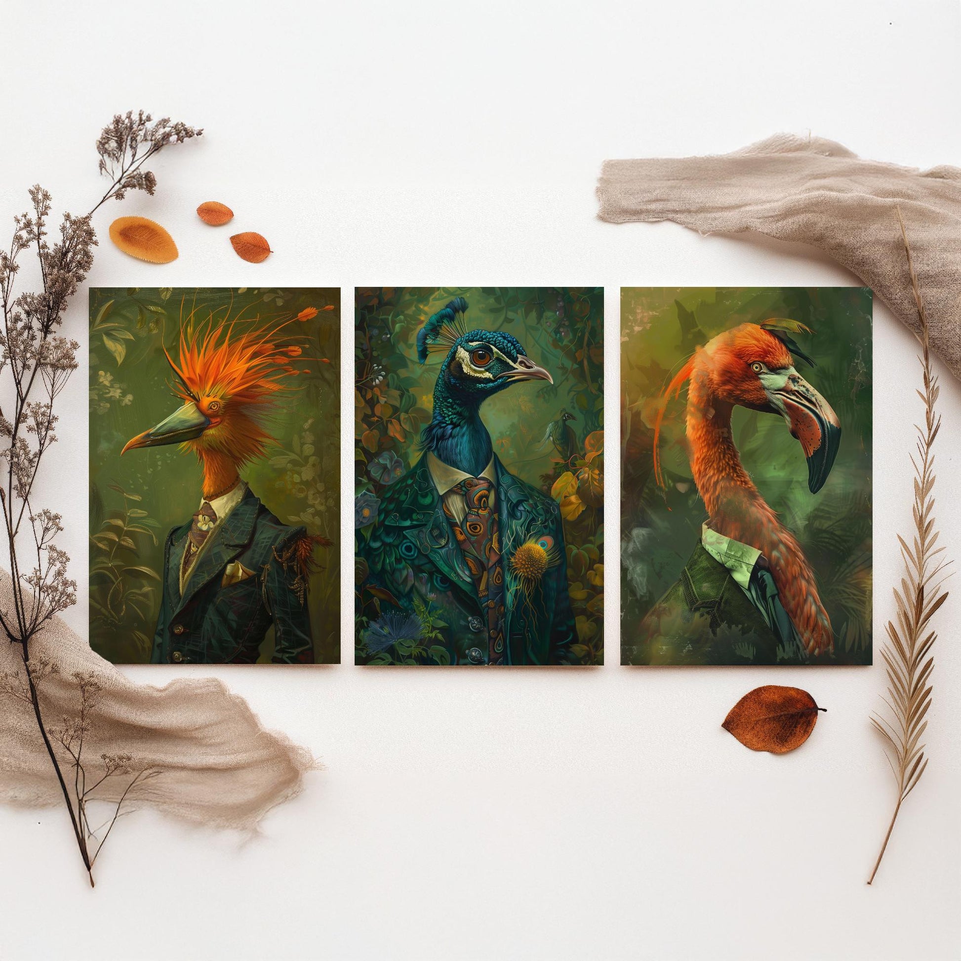 Animals in Suits Set of Three Art Prints - Bird of Paradise, Peacock, Flamingo Posters - Exotic Bird Portrait Painting