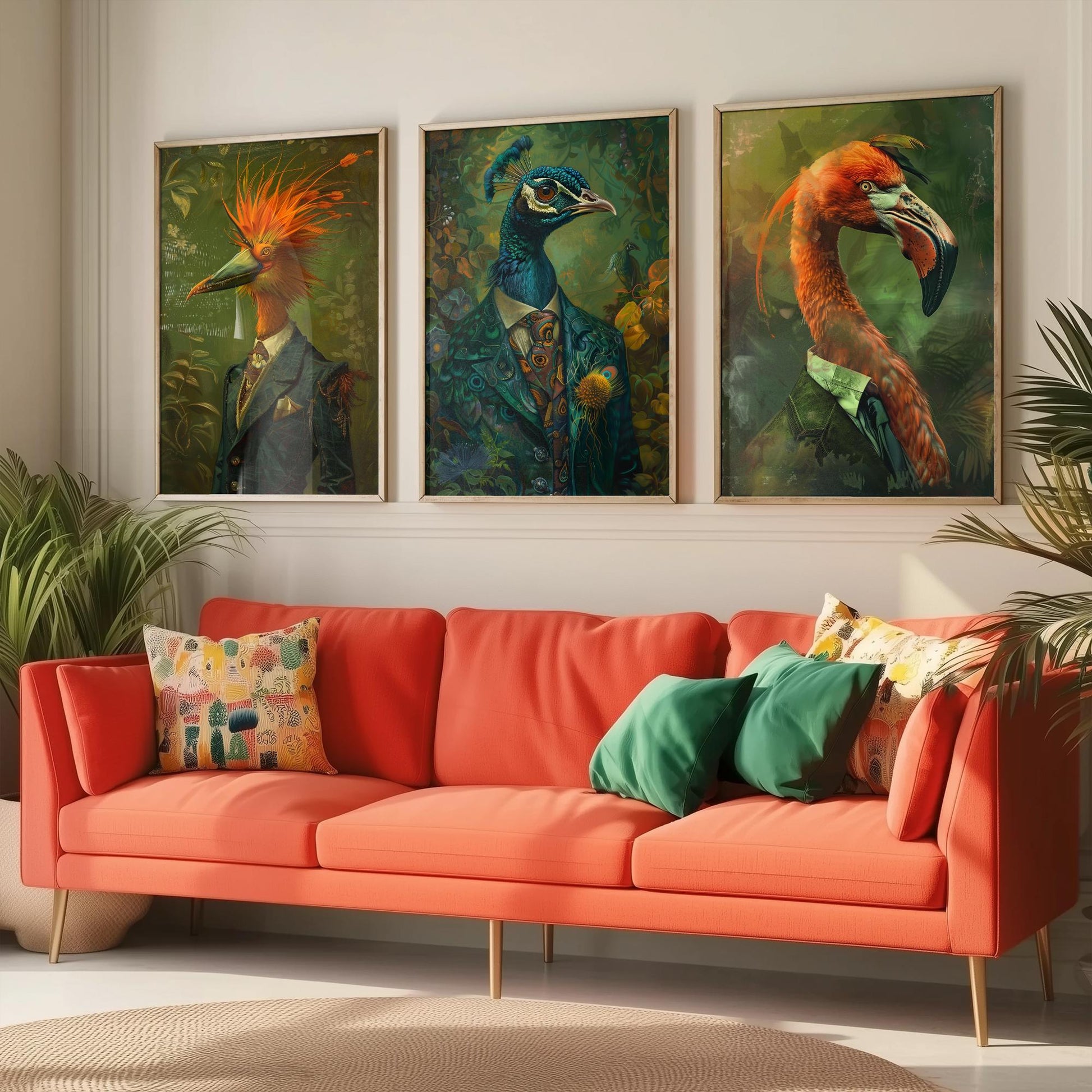 Animals in Suits Set of Three Art Prints - Bird of Paradise, Peacock, Flamingo Posters - Exotic Bird Portrait Painting