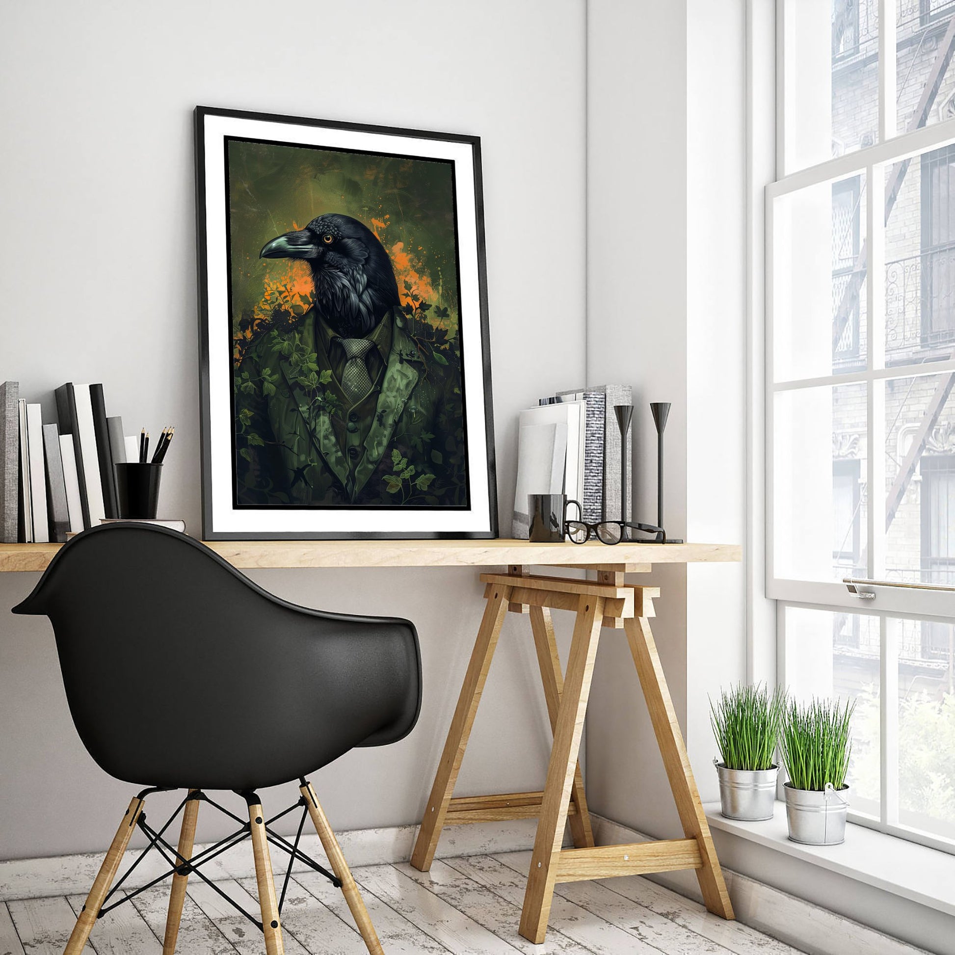 Raven in a Suit Art Print - Whimsical Animal Portrait Poster - Quirky Animal Painting - Dark Academia Wall Art 1/3