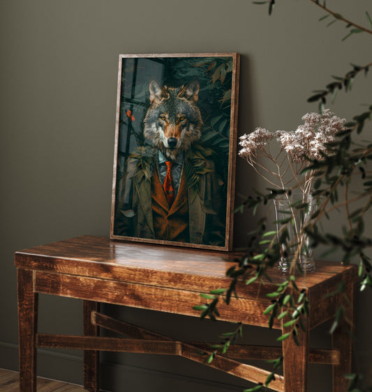 Wolf in a Suit Art Print - Whimsical Animal Portrait Poster - Quirky Animal Painting - Dark Academia Wall Art 2/3