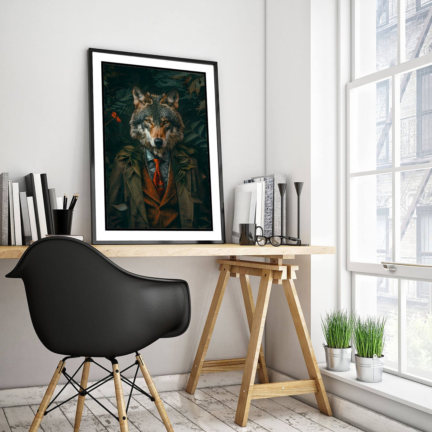Wolf in a Suit Art Print - Whimsical Animal Portrait Poster - Quirky Animal Painting - Dark Academia Wall Art 2/3