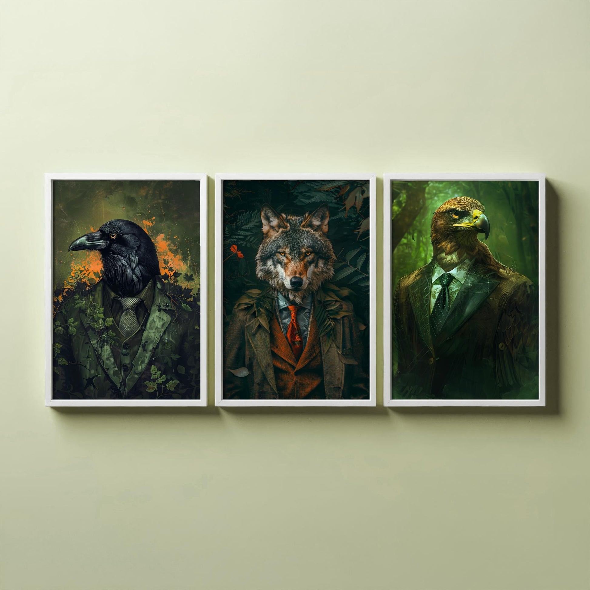 Animals in Suits Set of Three Art Prints - Raven, Wolf, Eagle Portrait Posters - Dark Forest Gothic Animal Painting Decor