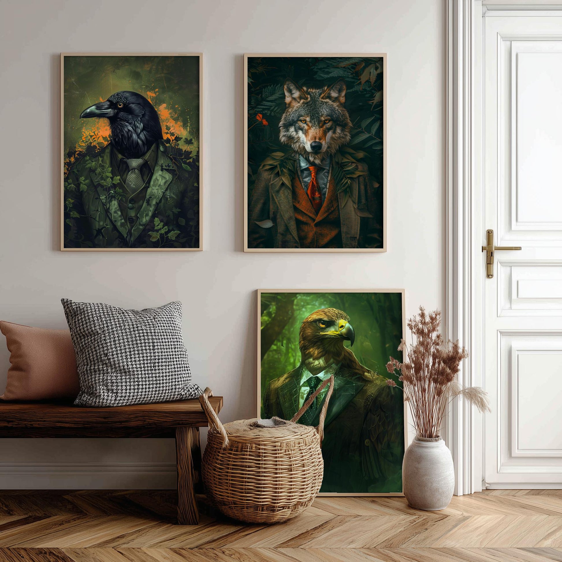 Animals in Suits Set of Three Art Prints - Raven, Wolf, Eagle Portrait Posters - Dark Forest Gothic Animal Painting Decor