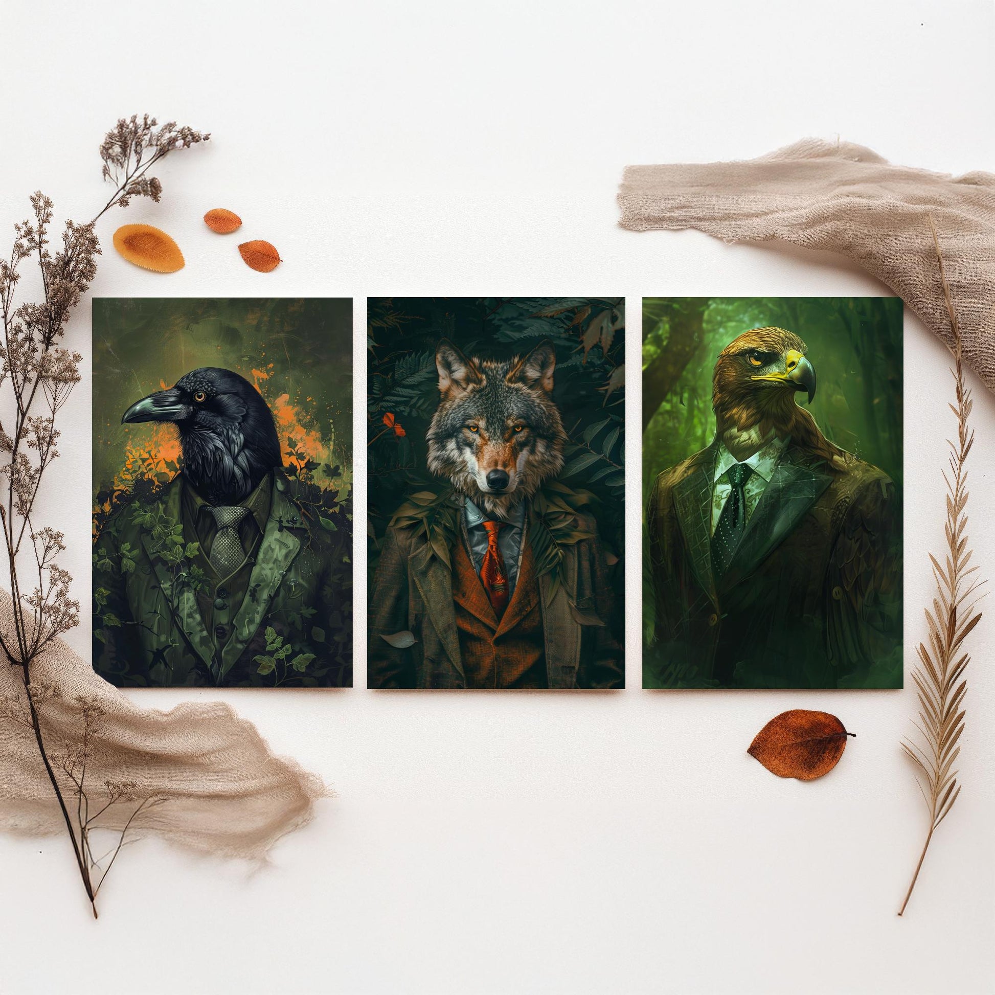 Animals in Suits Set of Three Art Prints - Raven, Wolf, Eagle Portrait Posters - Dark Forest Gothic Animal Painting Decor