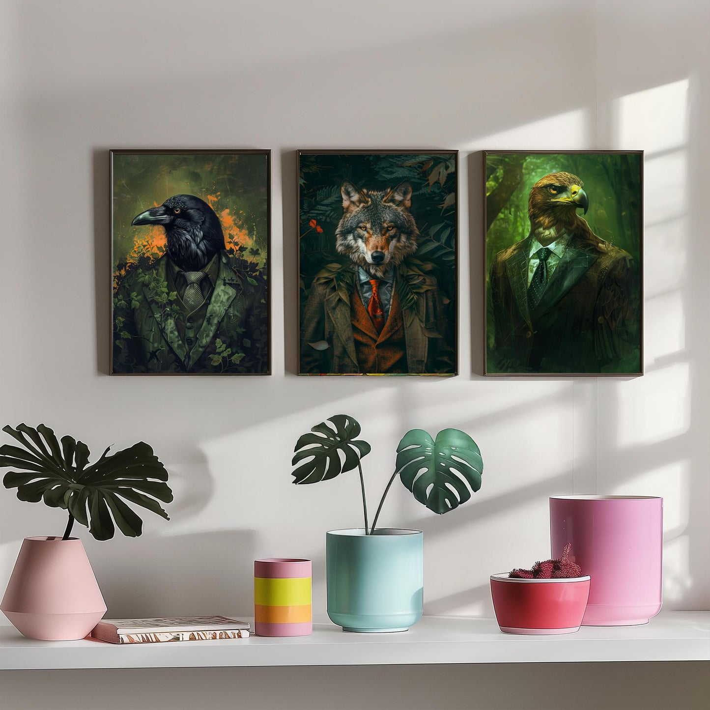 Animals in Suits Set of Three Art Prints - Raven, Wolf, Eagle Portrait Posters - Dark Forest Gothic Animal Painting Decor