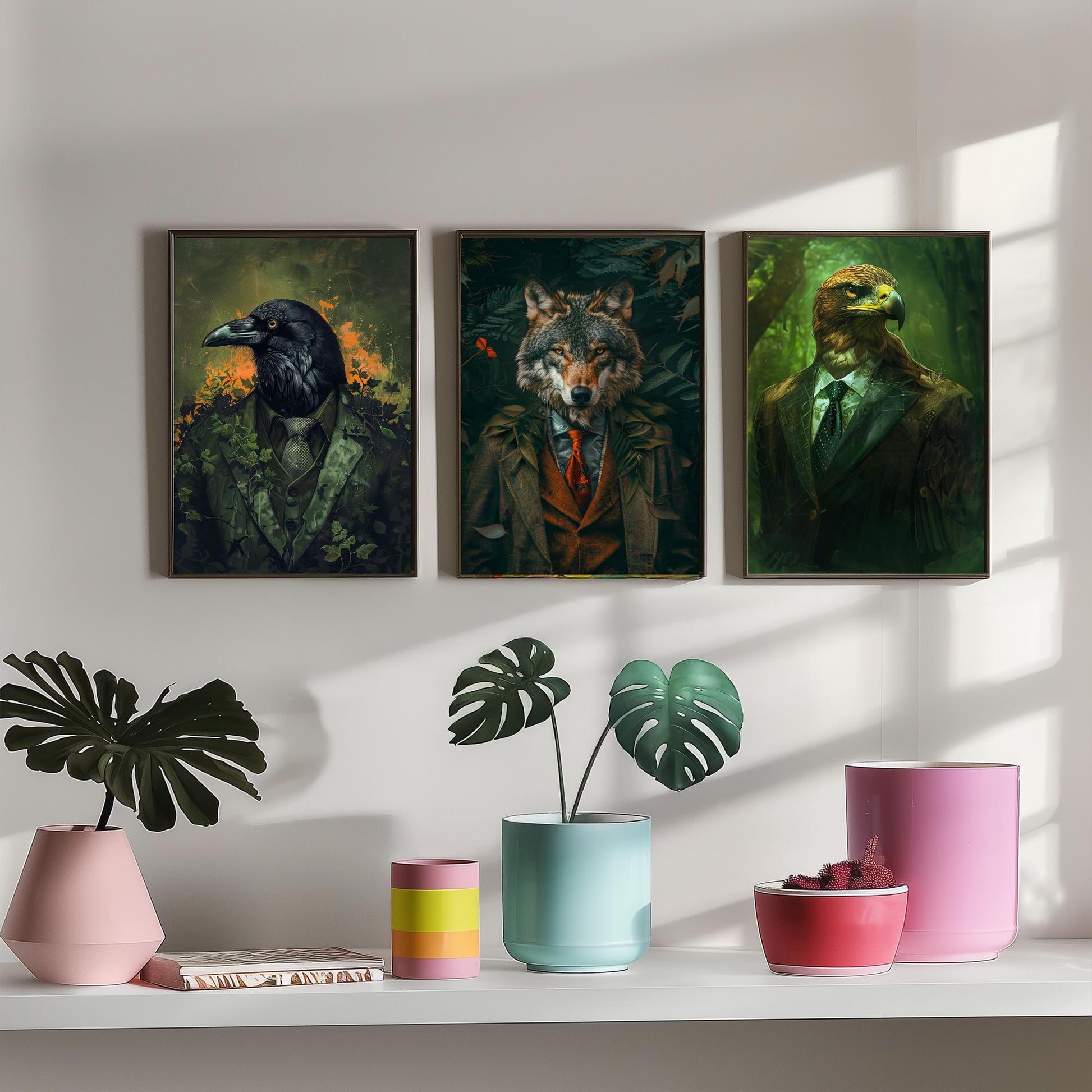 Animals in Suits Set of Three Art Prints - Raven, Wolf, Eagle Portrait Posters - Dark Forest Gothic Animal Painting Decor